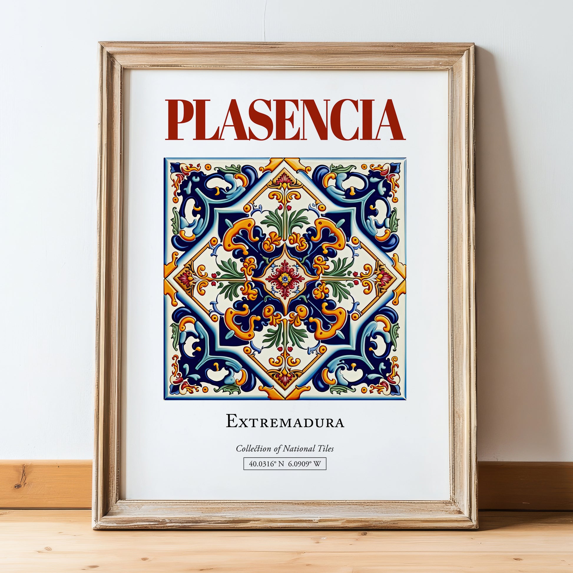 Plasencia, Spain – Travel Wall Decor, in wooden frame leaning on the floor