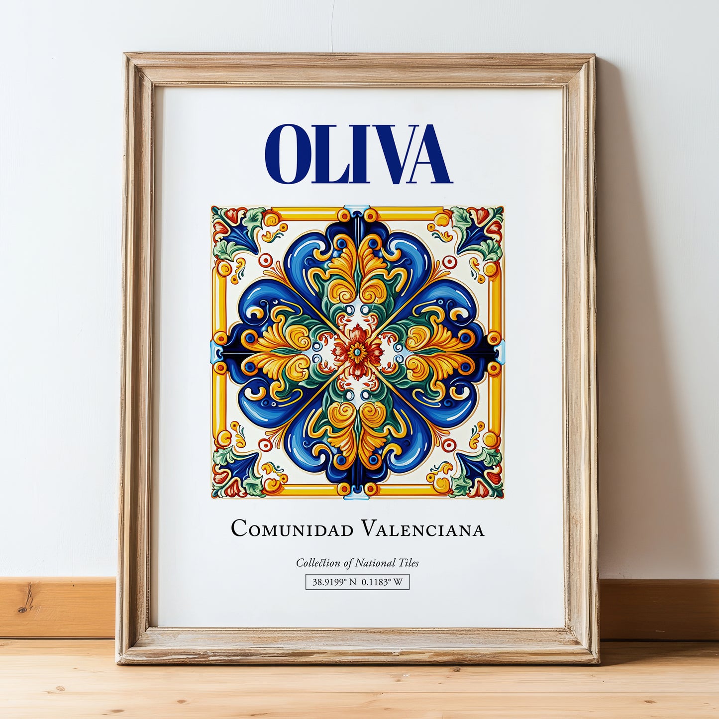 Oliva, Spain – Travel Print, in wooden frame leaning on the floor