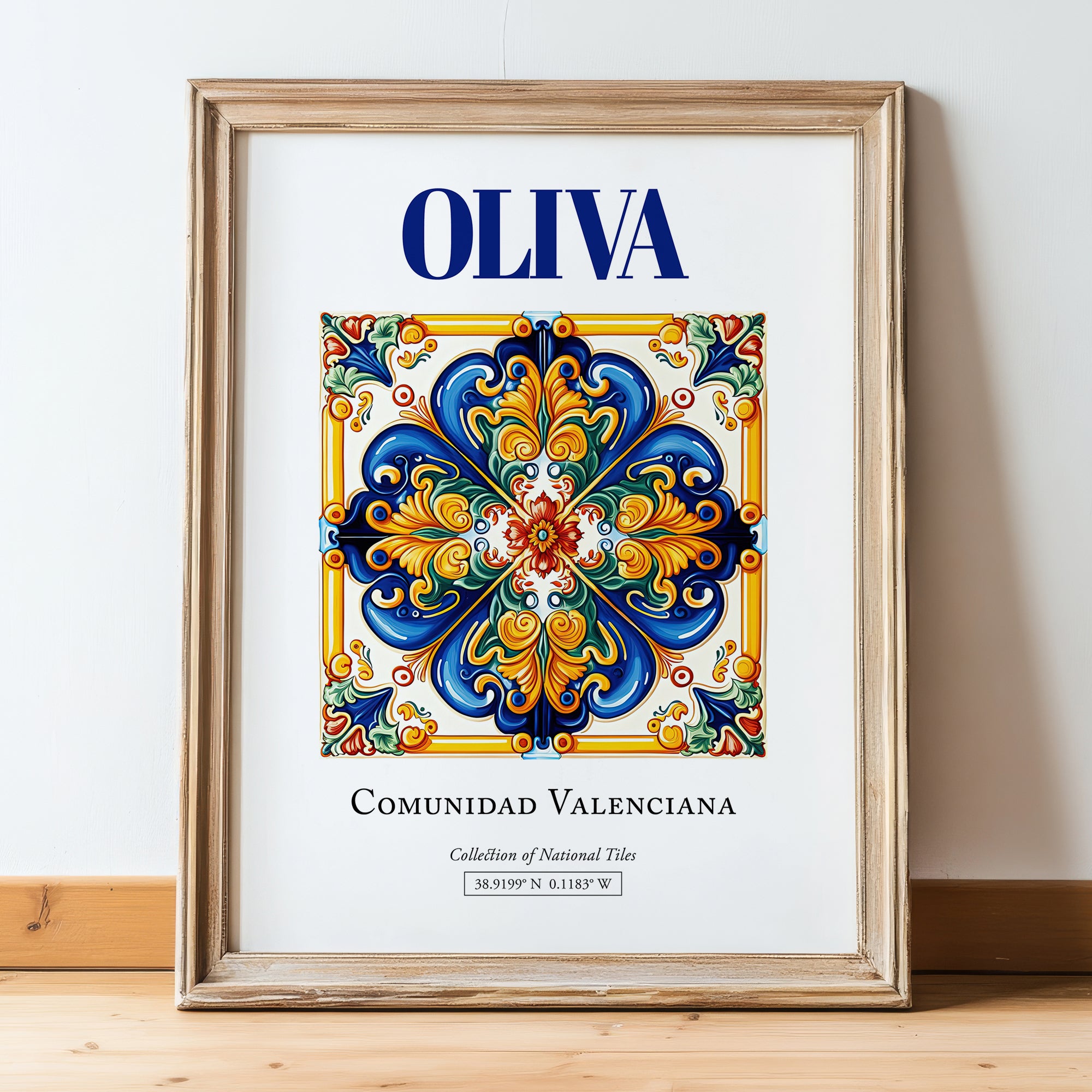 Oliva, Spain – Travel Print, in wooden frame leaning on the floor