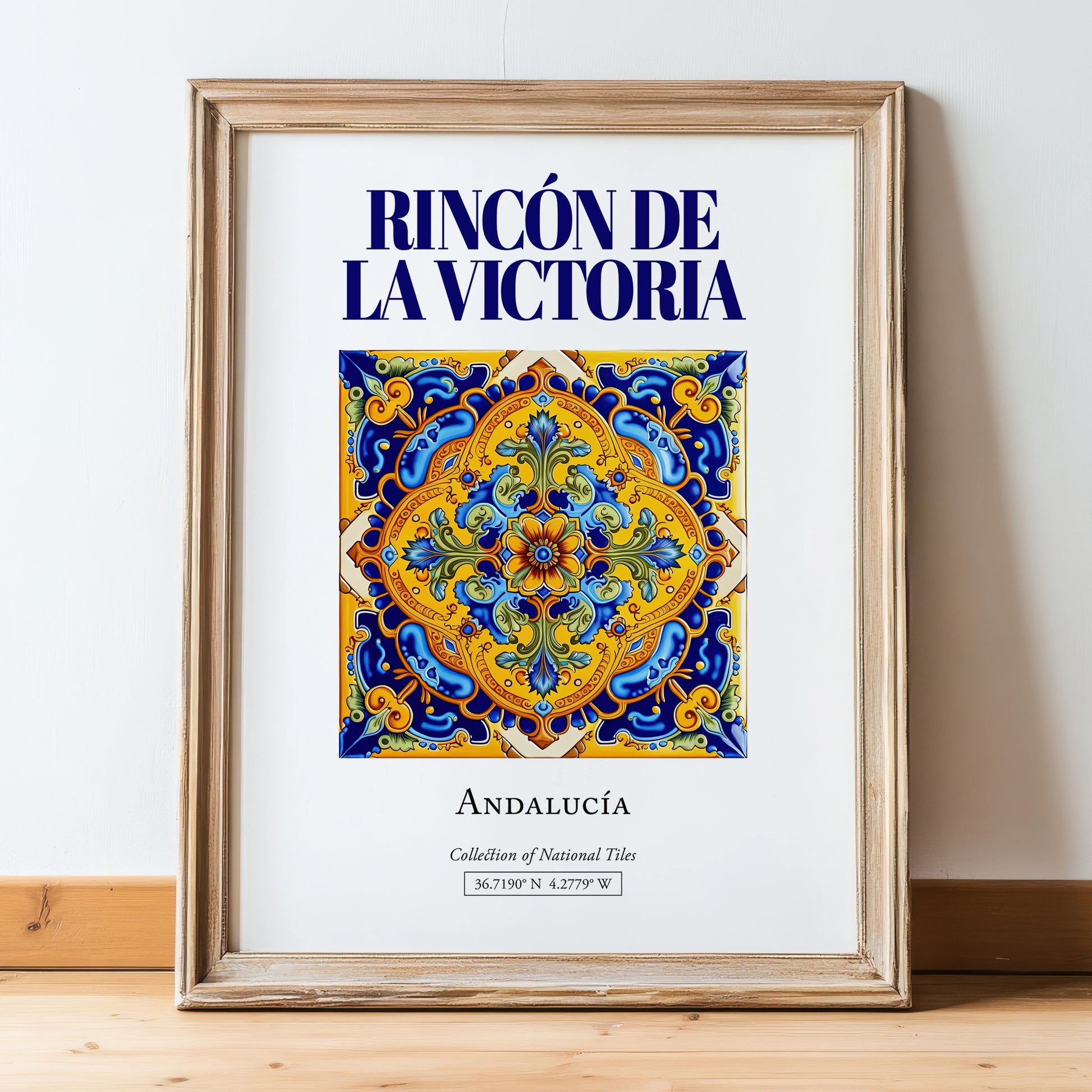 Rincón de la Victoria, Spain – Travel Poster, in wooden frame leaning on the floor