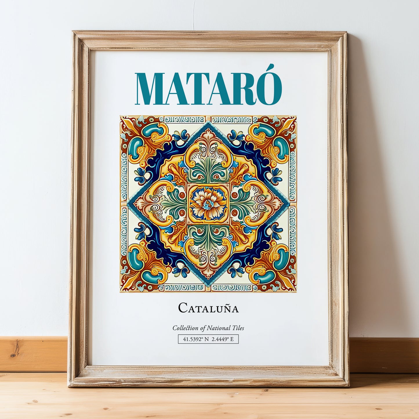 Mataró, Spain – Travel Wall Decor, in wooden frame leaning on the floor