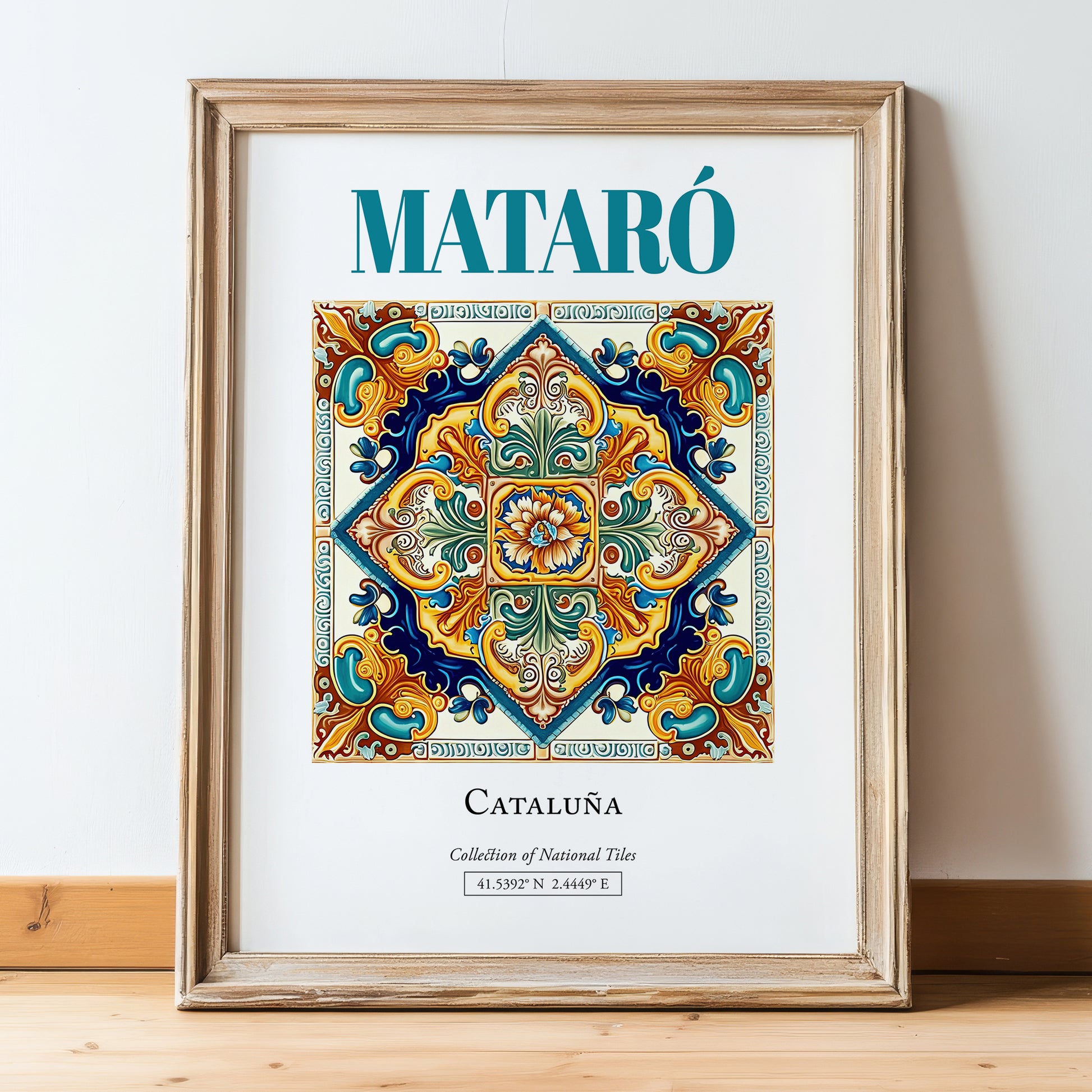 Mataró, Spain – Travel Wall Decor, in wooden frame leaning on the floor