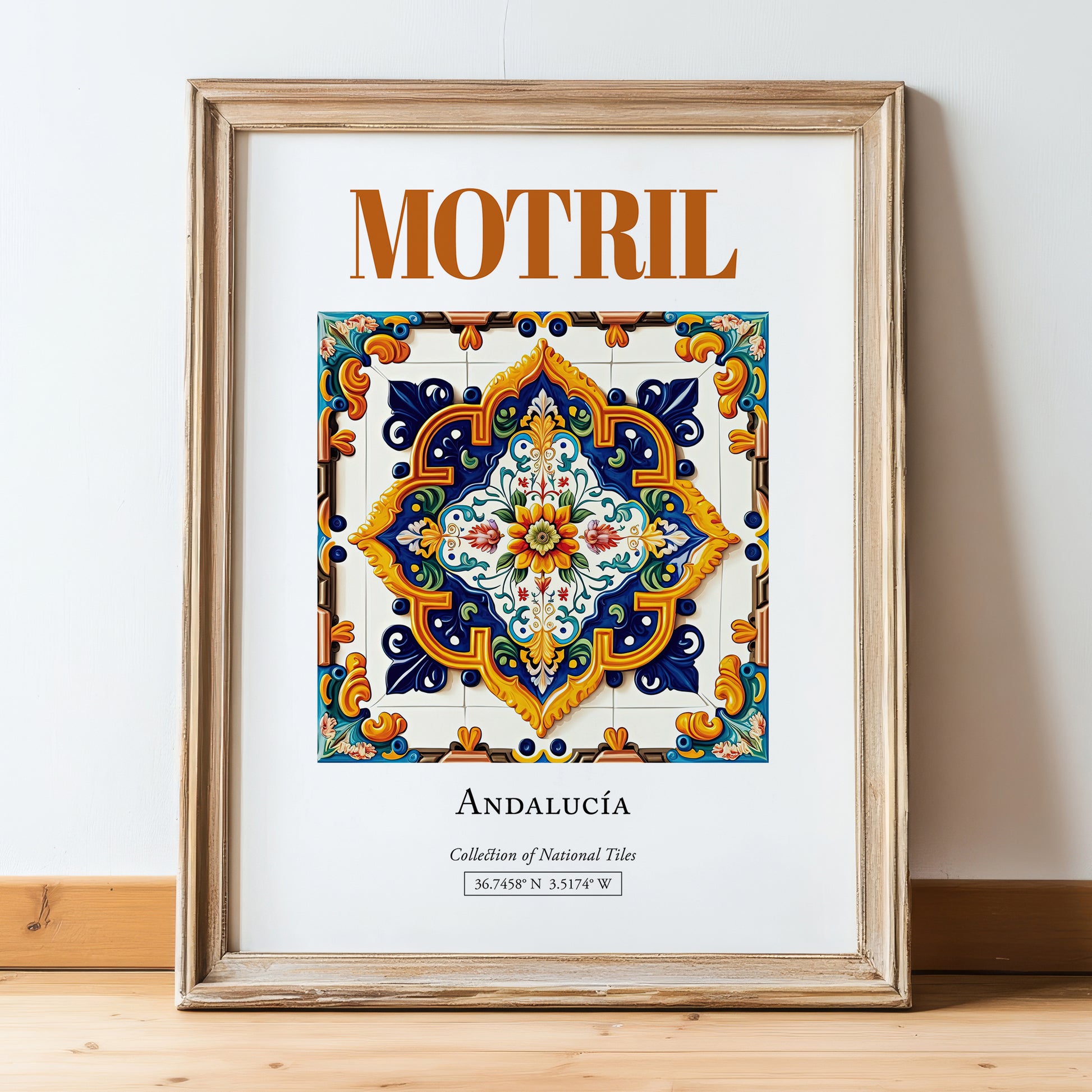 Motril, Spain – Travel Wall Art, in wooden frame leaning on the floor