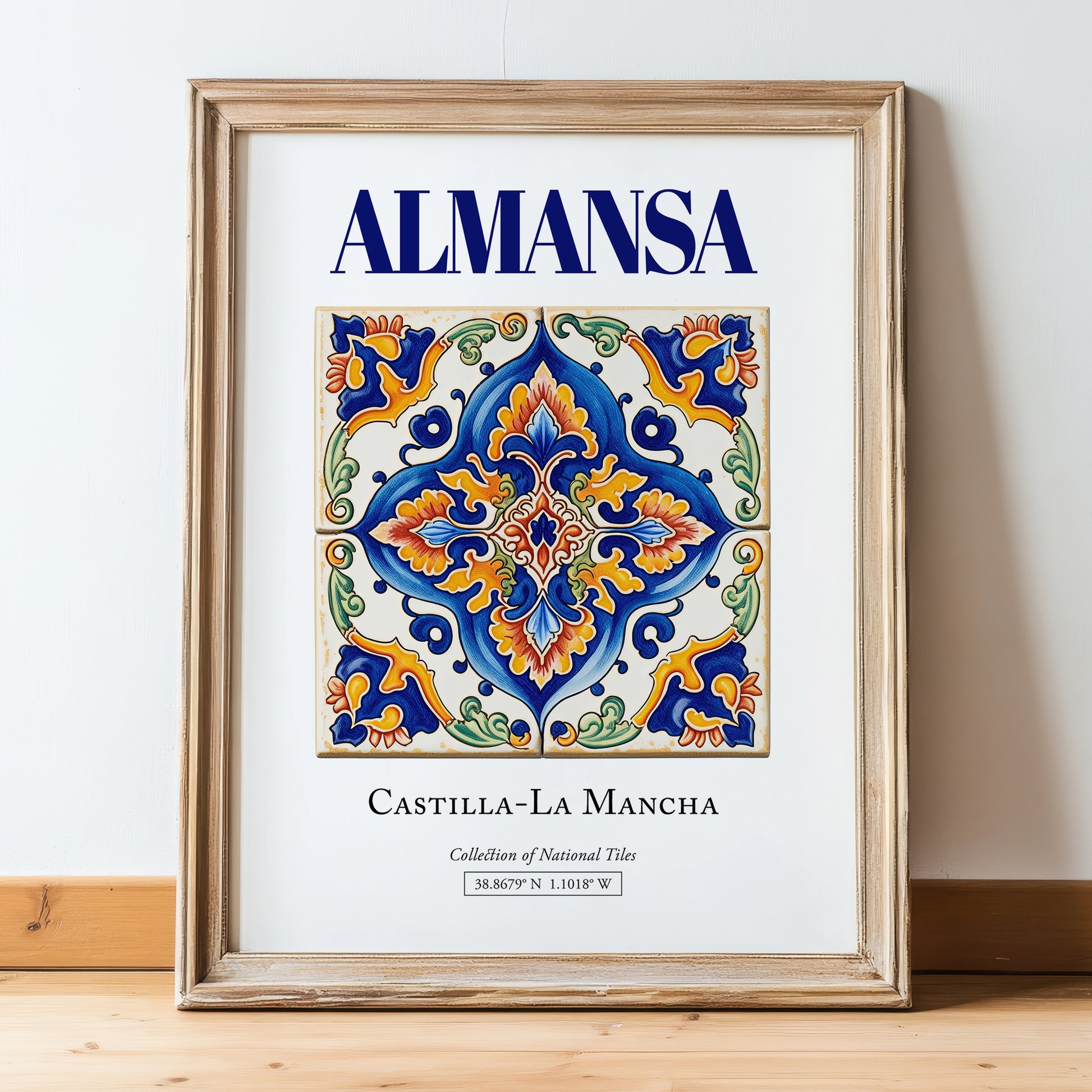Almansa, Spain – Travel Poster, in wooden frame leaning on the floor