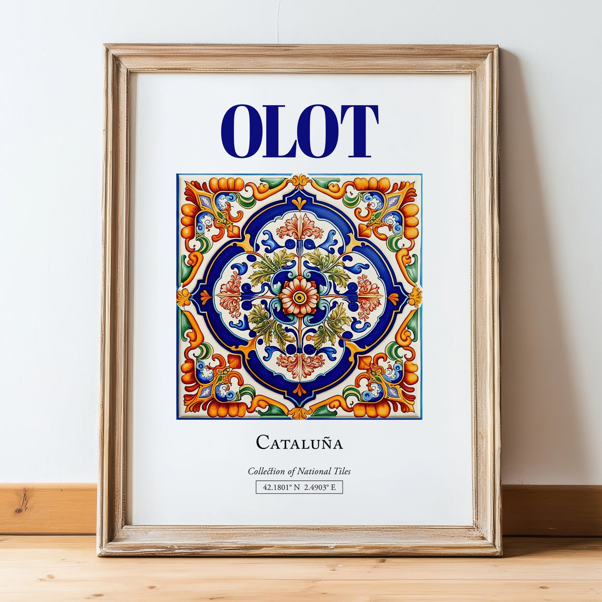 Olot, Spain – Historic Cities Art Print, in wooden frame leaning on the floor