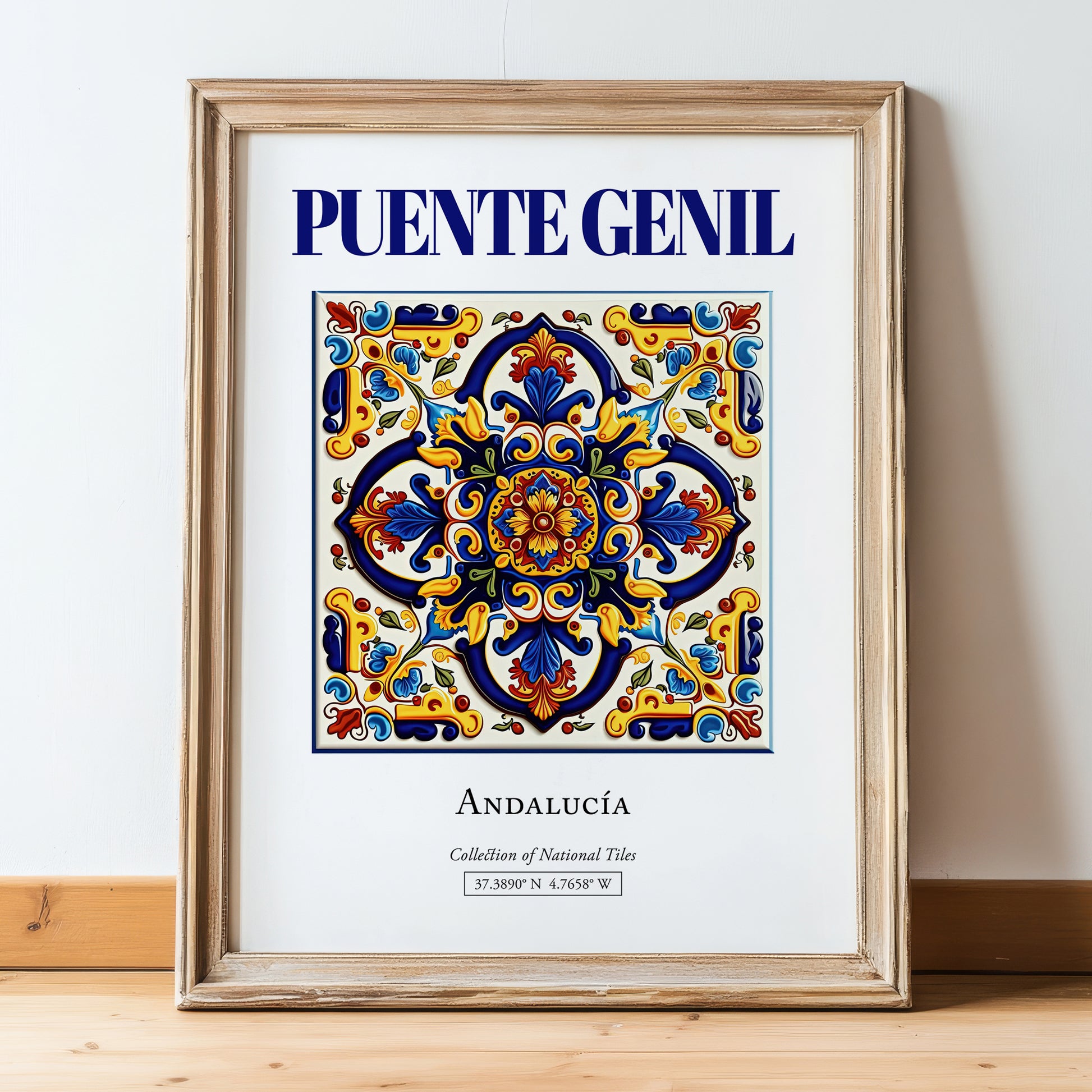 Puente Genil, Spain – Travel Poster, in wooden frame leaning on the floor