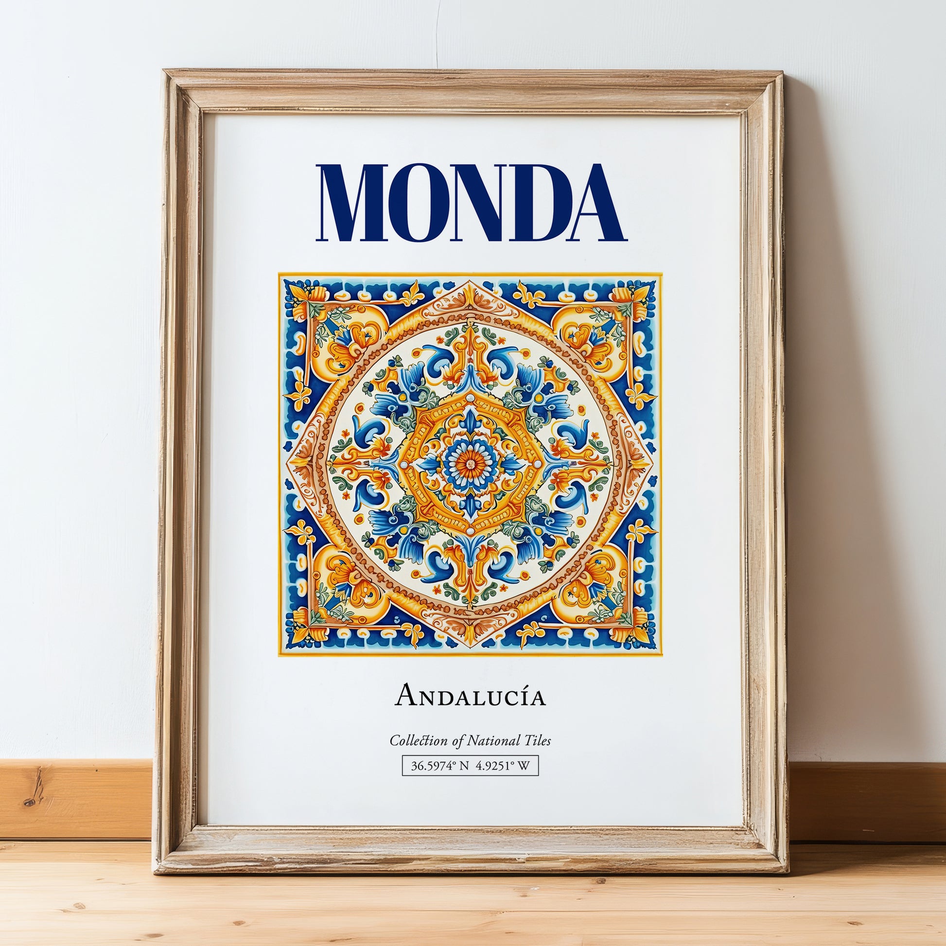 Monda, Spain – Travel Wall Decor, in wooden frame leaning on the floor