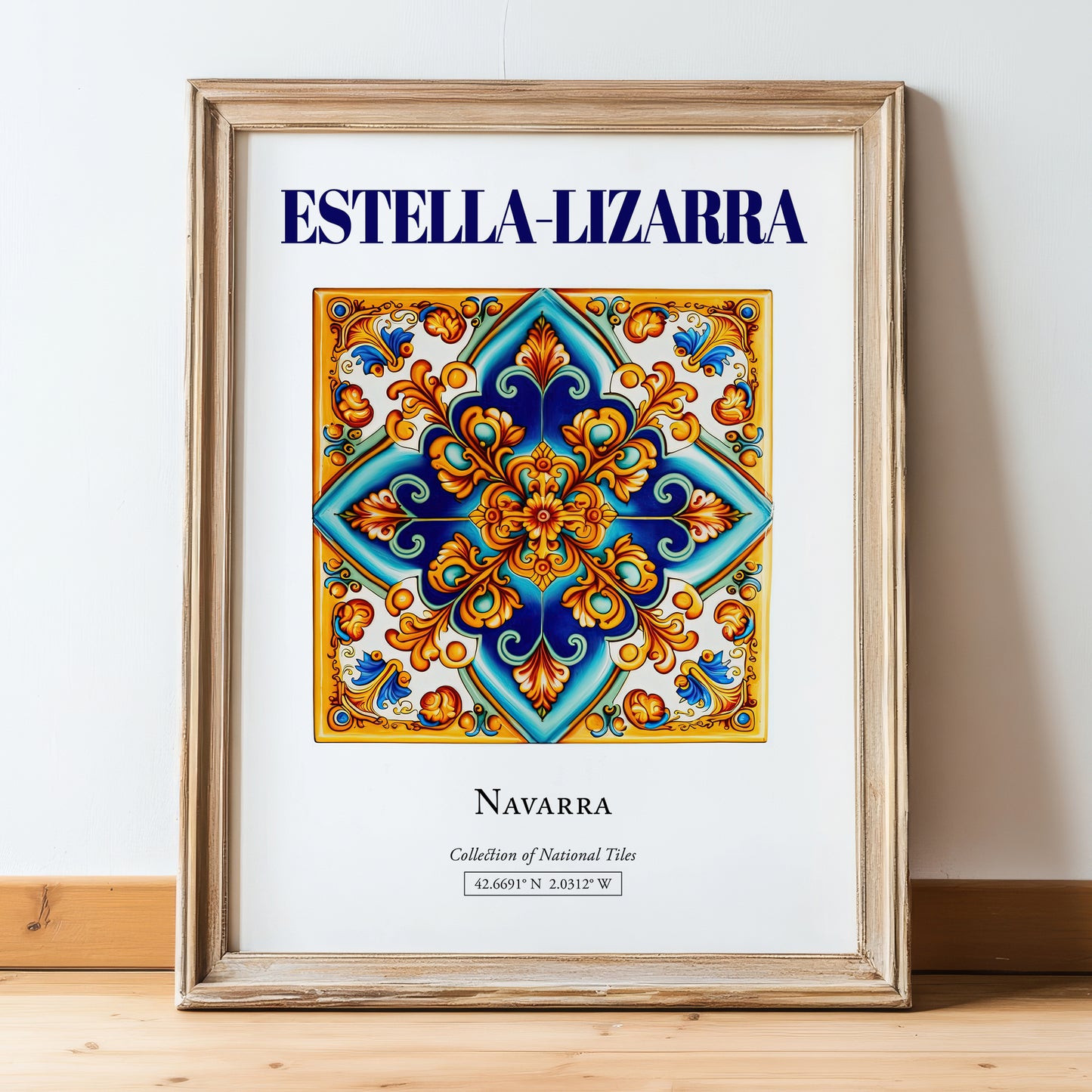 Estella-Lizarra, Spain – Architectural Travel Art, in wooden frame leaning on the floor