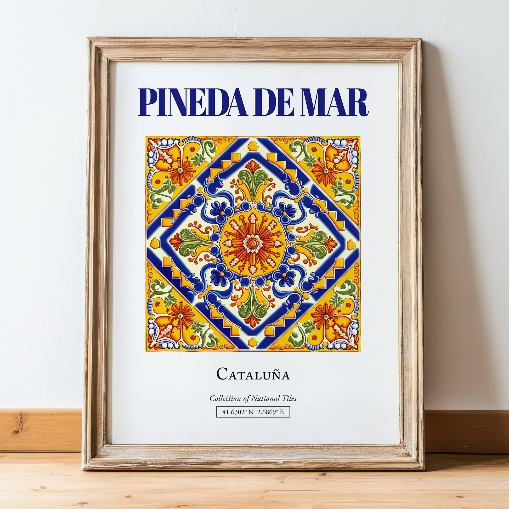 Pineda de Mar, Spain – Travel Print, in wooden frame leaning on the floor