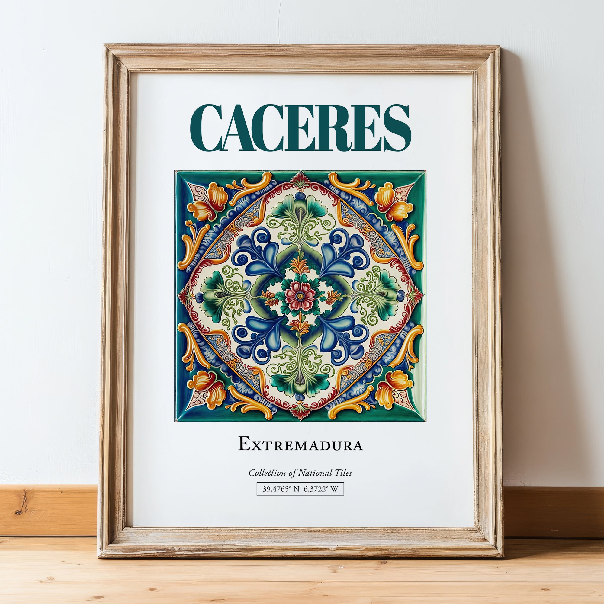 Caceres, Spain – Travel Poster, in wooden frame leaning on the floor