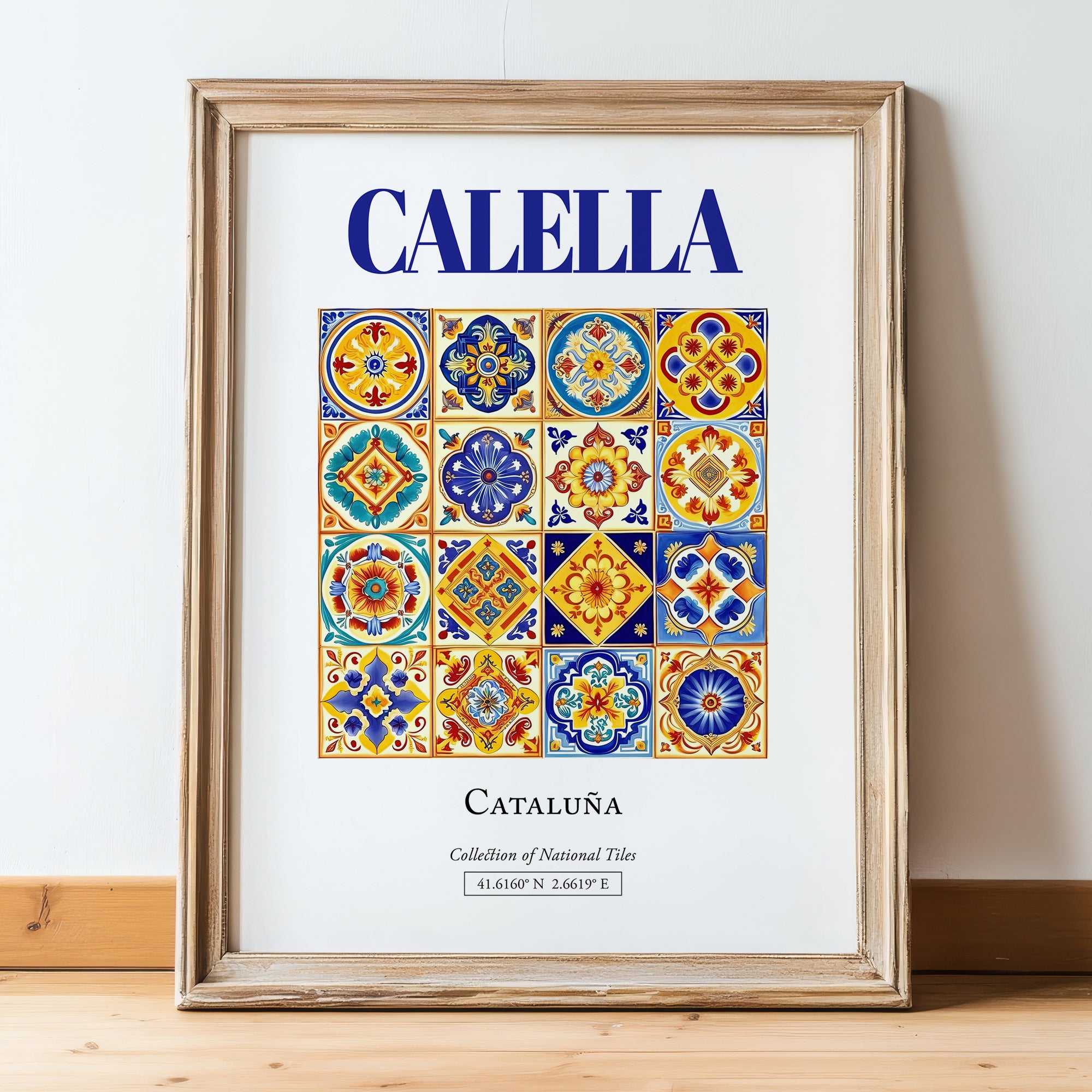 Calella, Spain – Illustrated Travel Poster, in wooden frame leaning on the floor