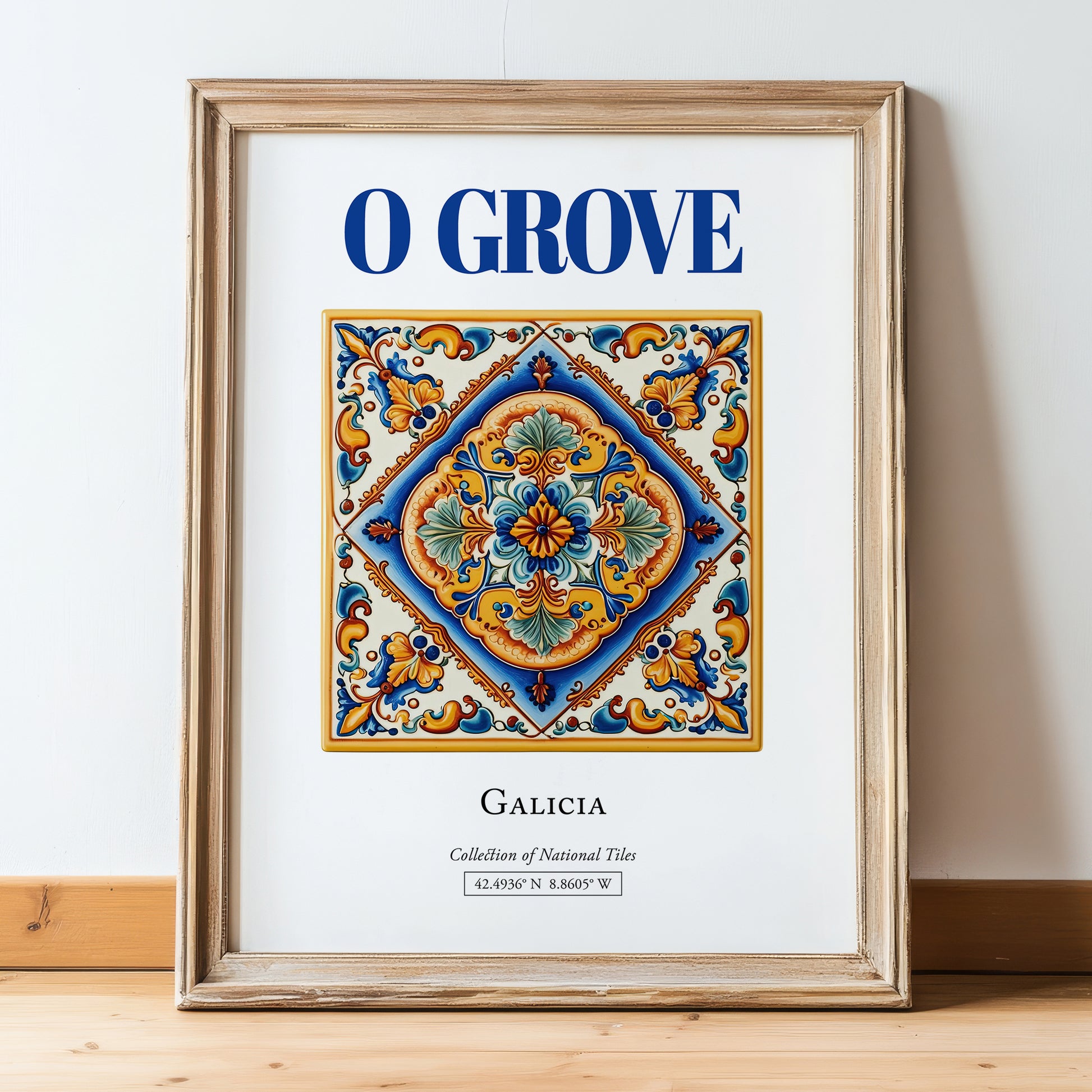 O Grove, Spain – Away From Home Poster, in wooden frame leaning on the floor