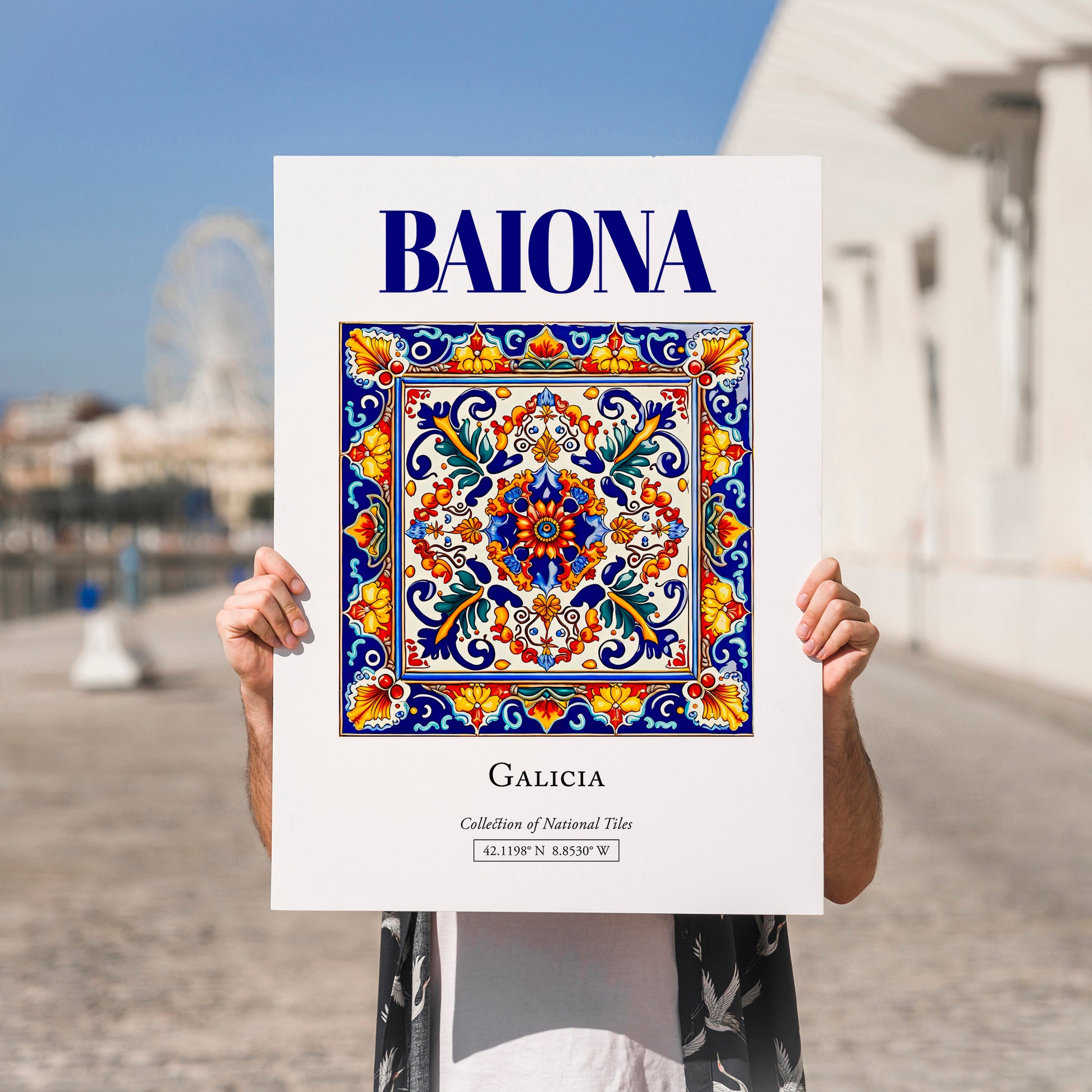 Baiona, Spain – Retro Travel Poster, no-text version framed in wood