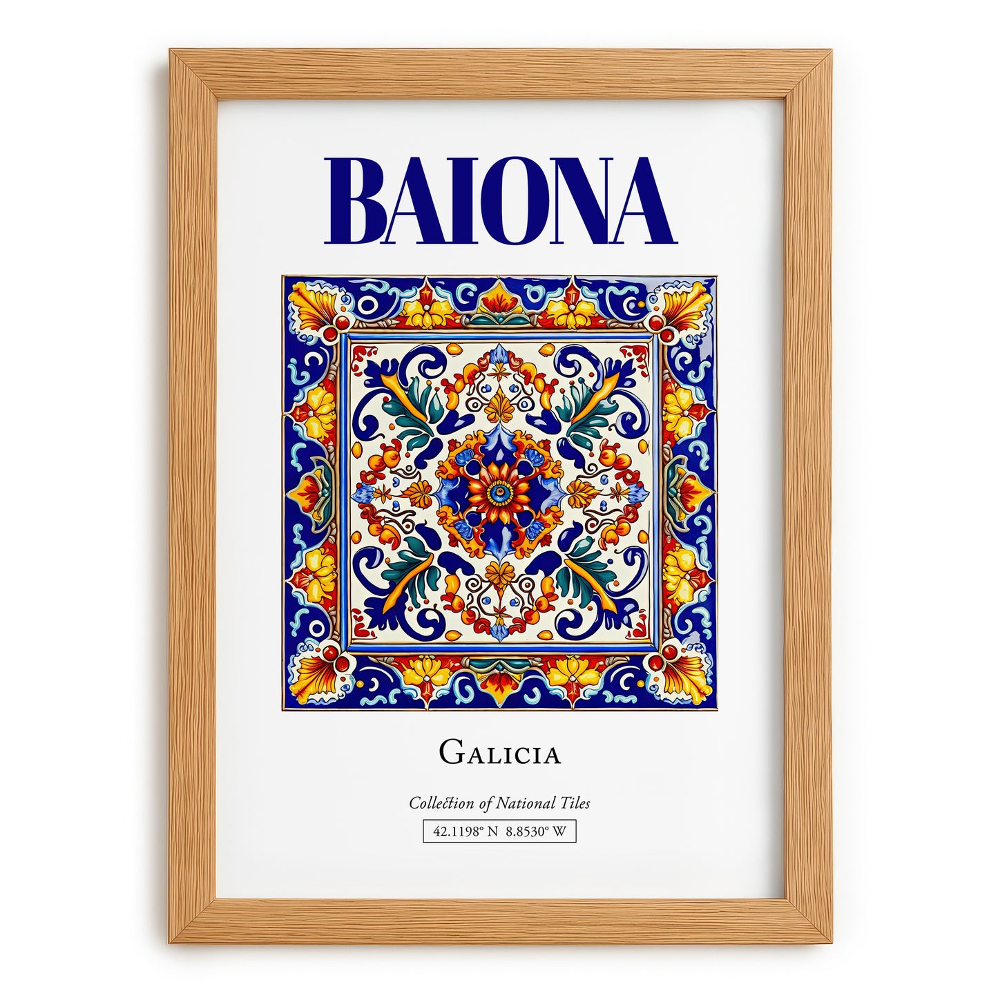 Baiona, Spain – Retro Travel Poster, set in oak frame