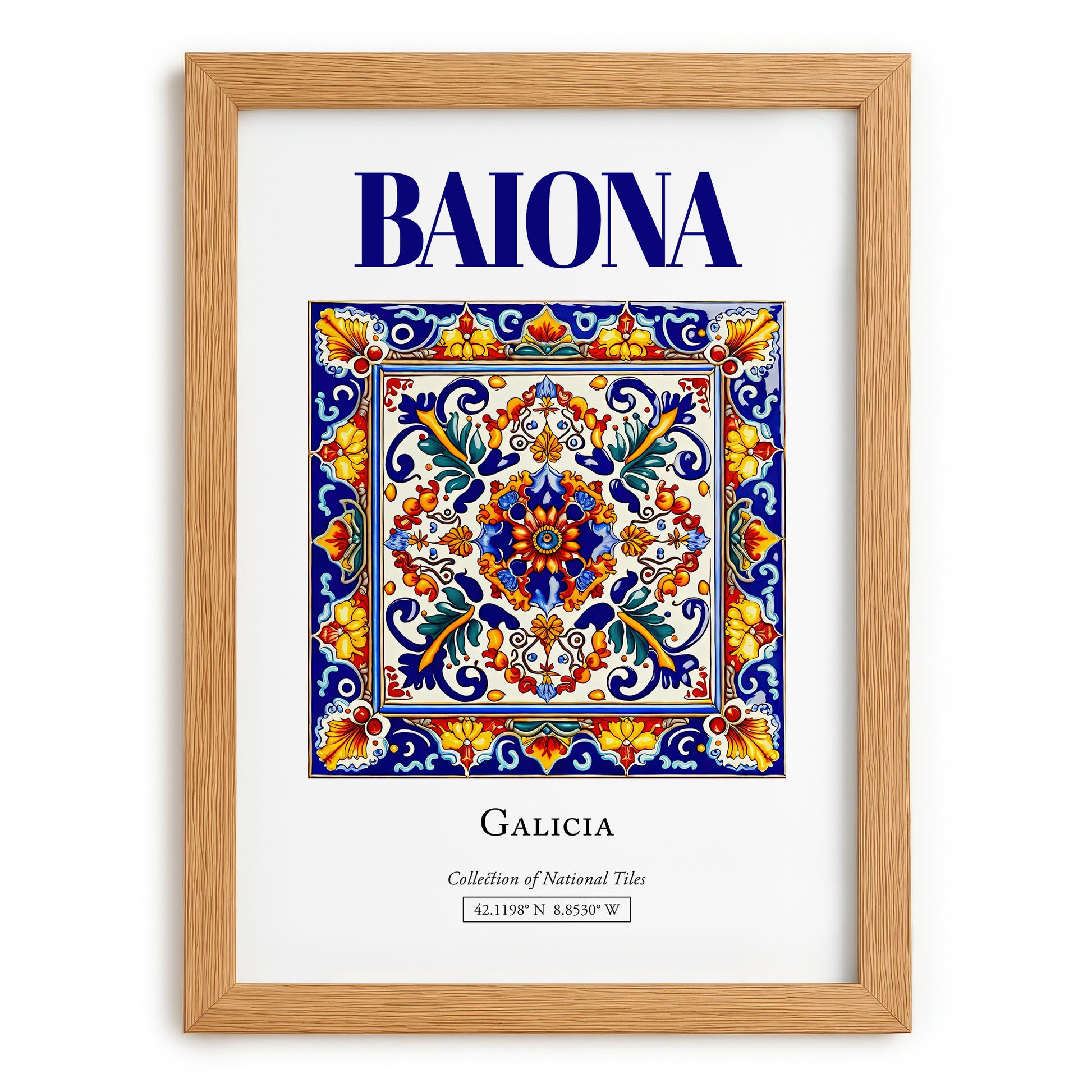 Baiona, Spain – Retro Travel Poster, set in oak frame
