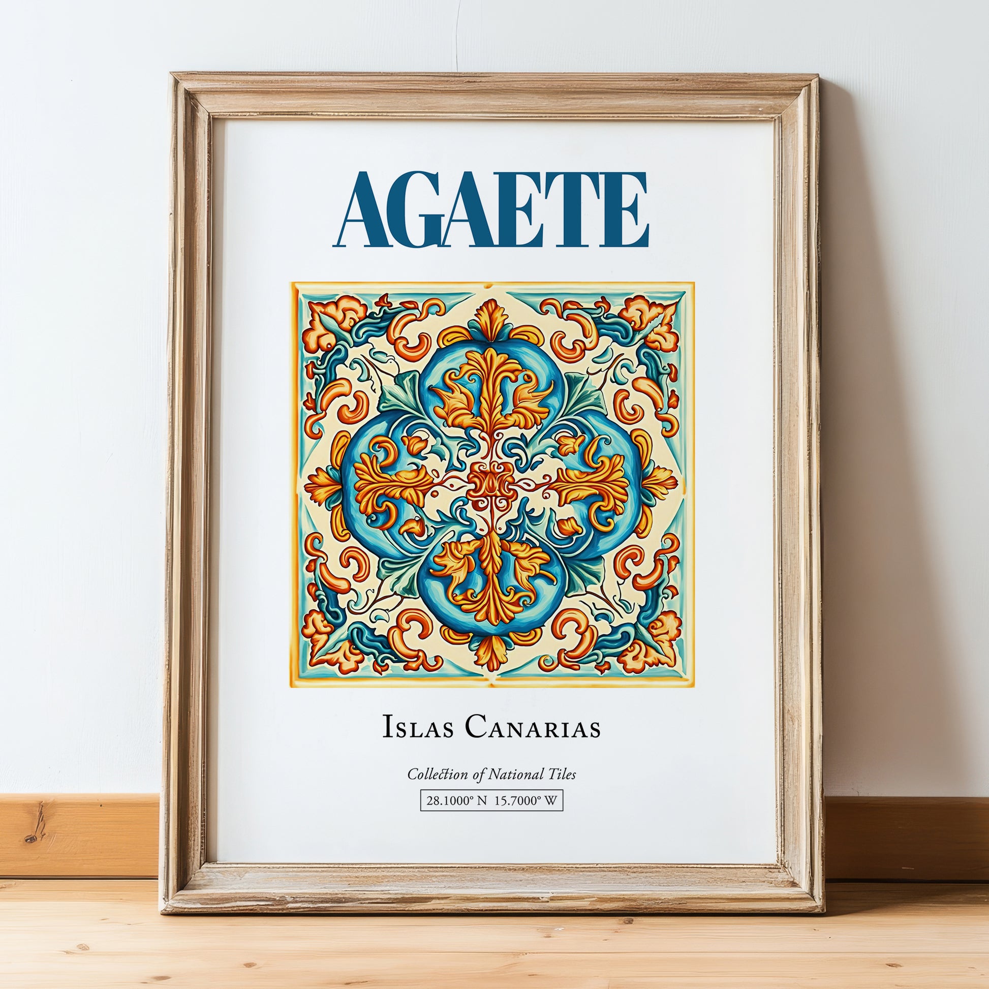 Agaete, Spain – Retro Travel Poster, in wooden frame leaning on the floor