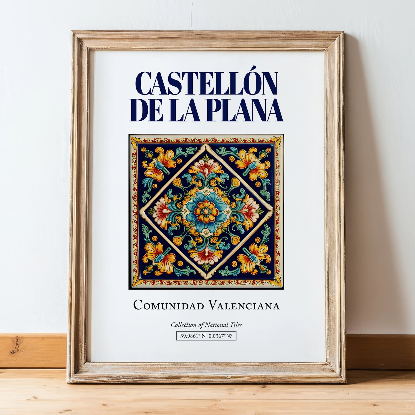 Castellón de la Plana, Spain – Travel Print, in wooden frame leaning on the floor