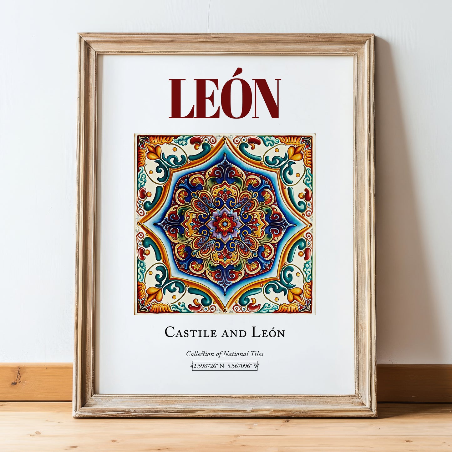 León, Spain – Travel Print, in wooden frame leaning on the floor