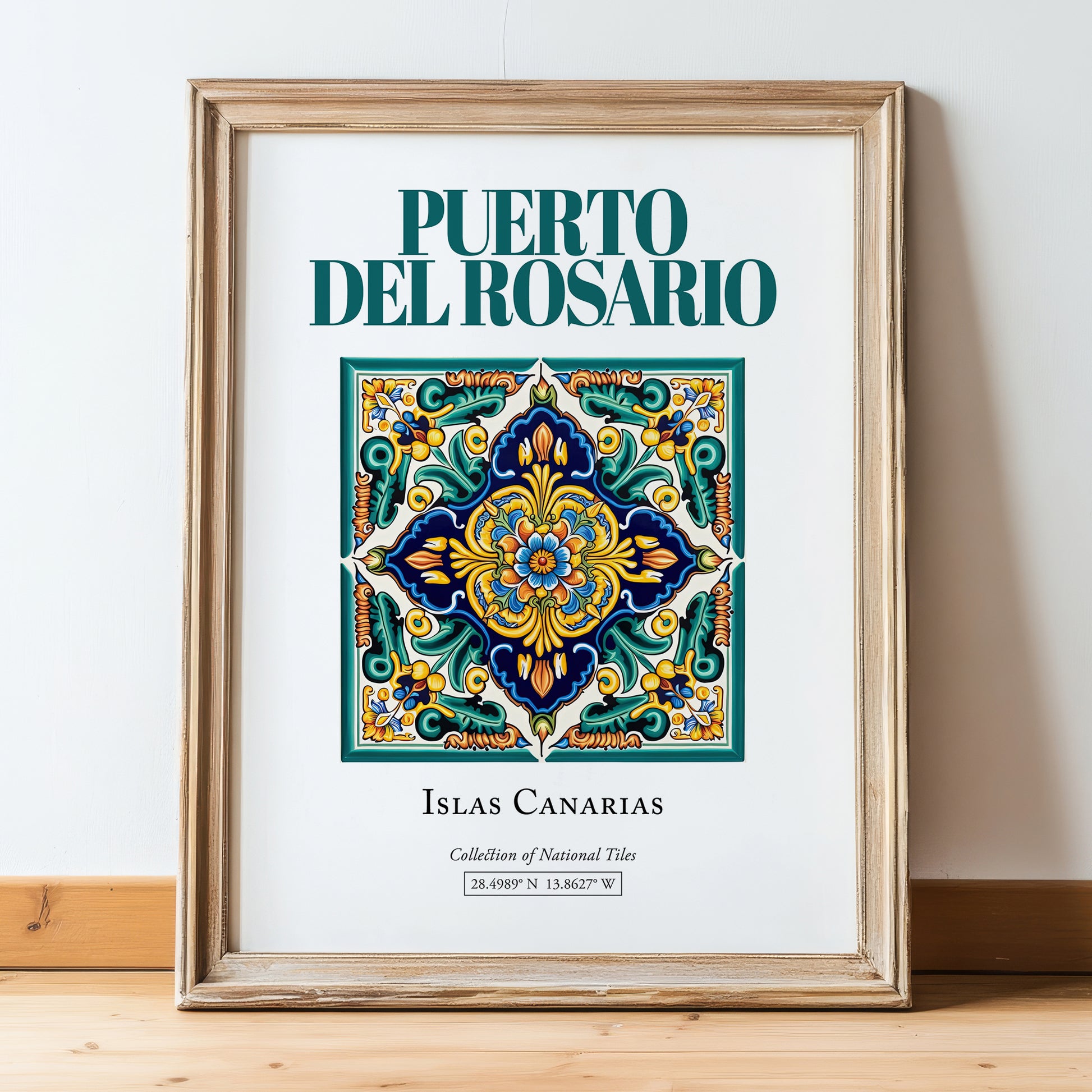 Puerto del Rosario, Spain – Minimalist Travel Print, in wooden frame leaning on the floor