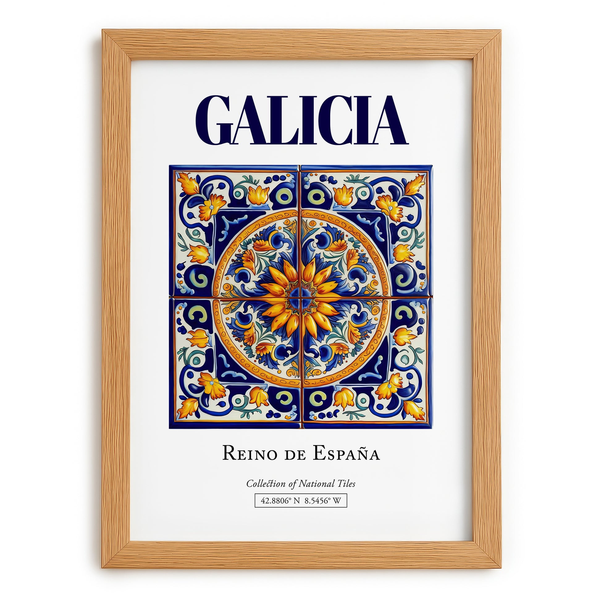 Galicia, Spain – Retro Travel Poster, set in oak frame
