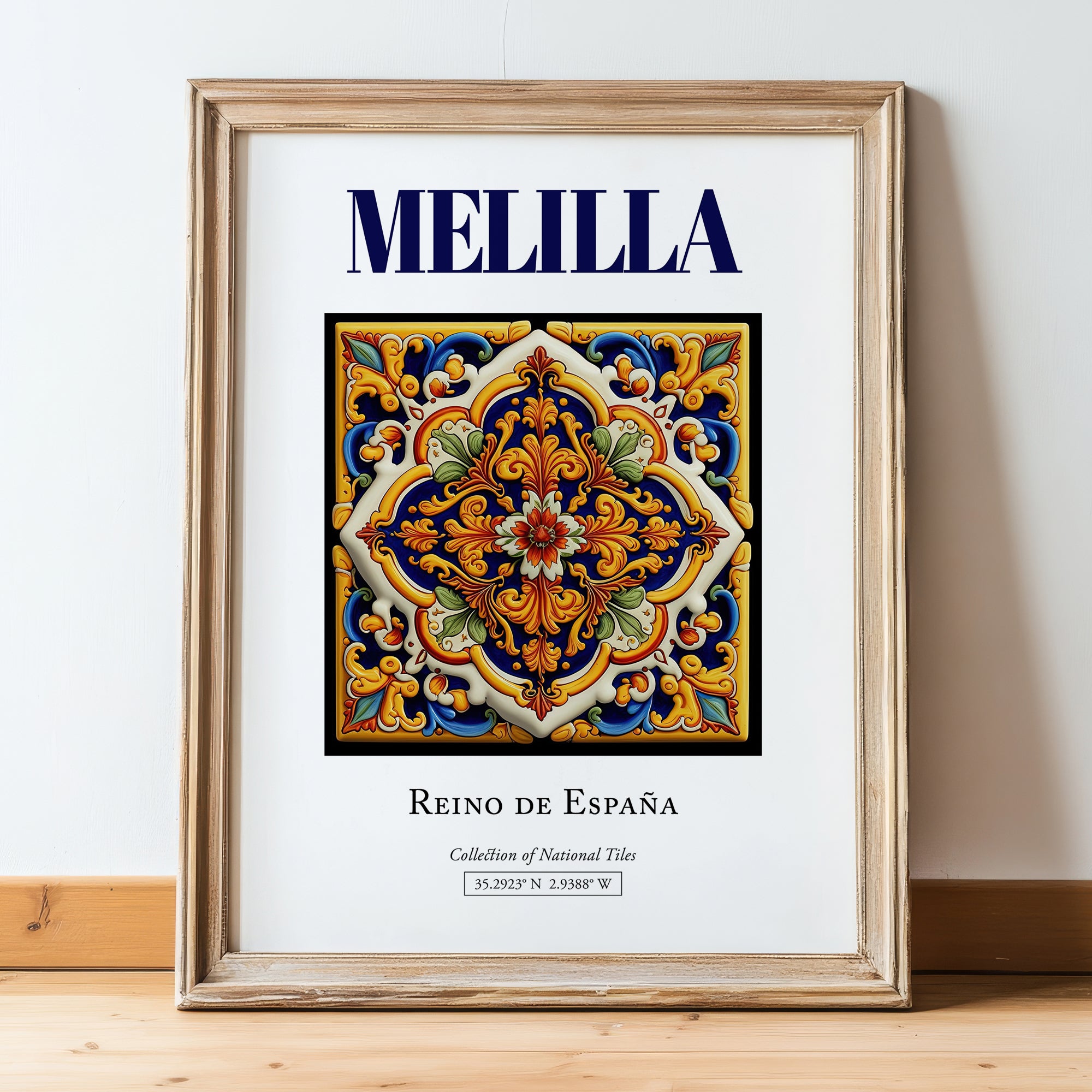 Melilla, Spain – Travel Poster, in wooden frame leaning on the floor