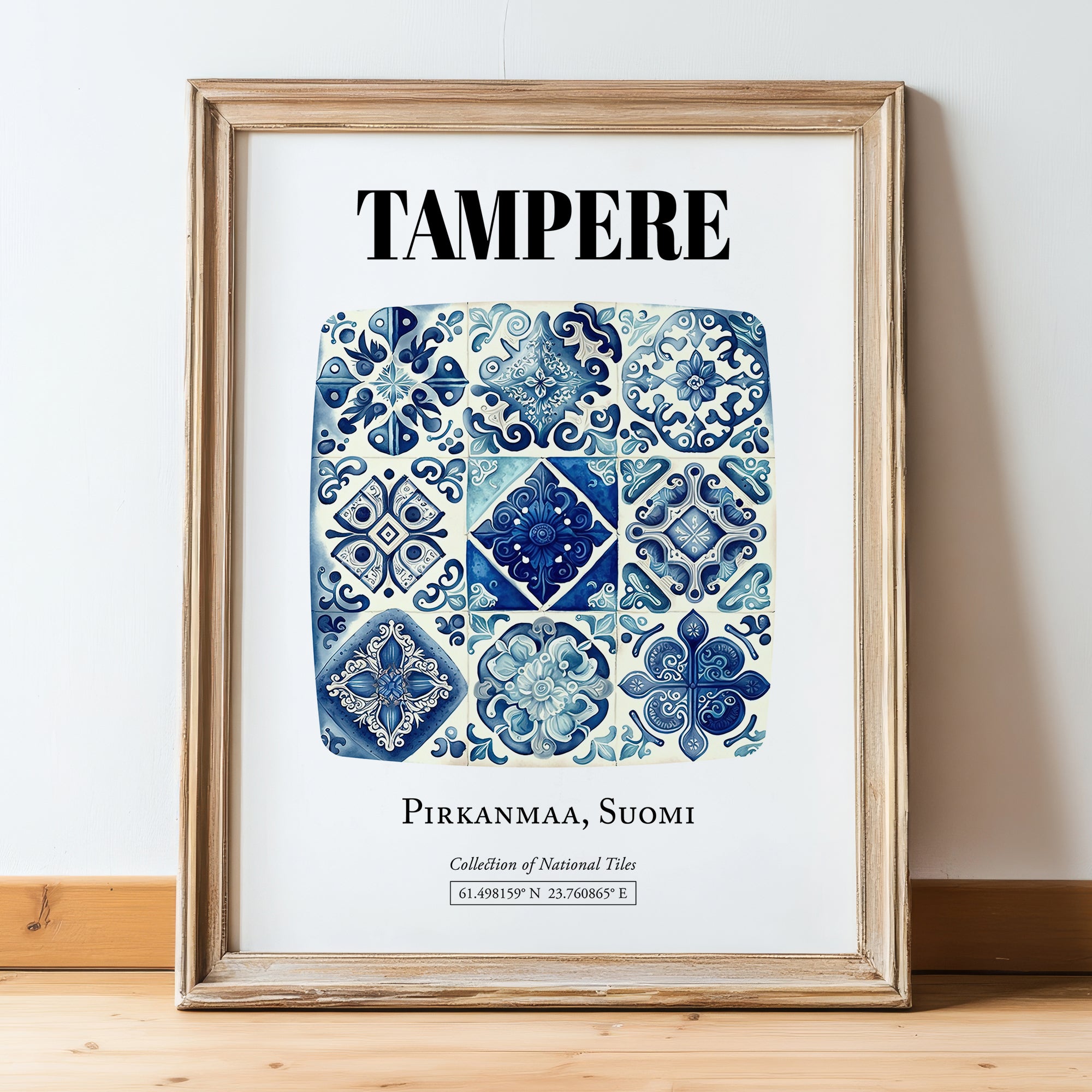 Tampere, Finland – Travel Wall Decor, in wooden frame leaning on the floor