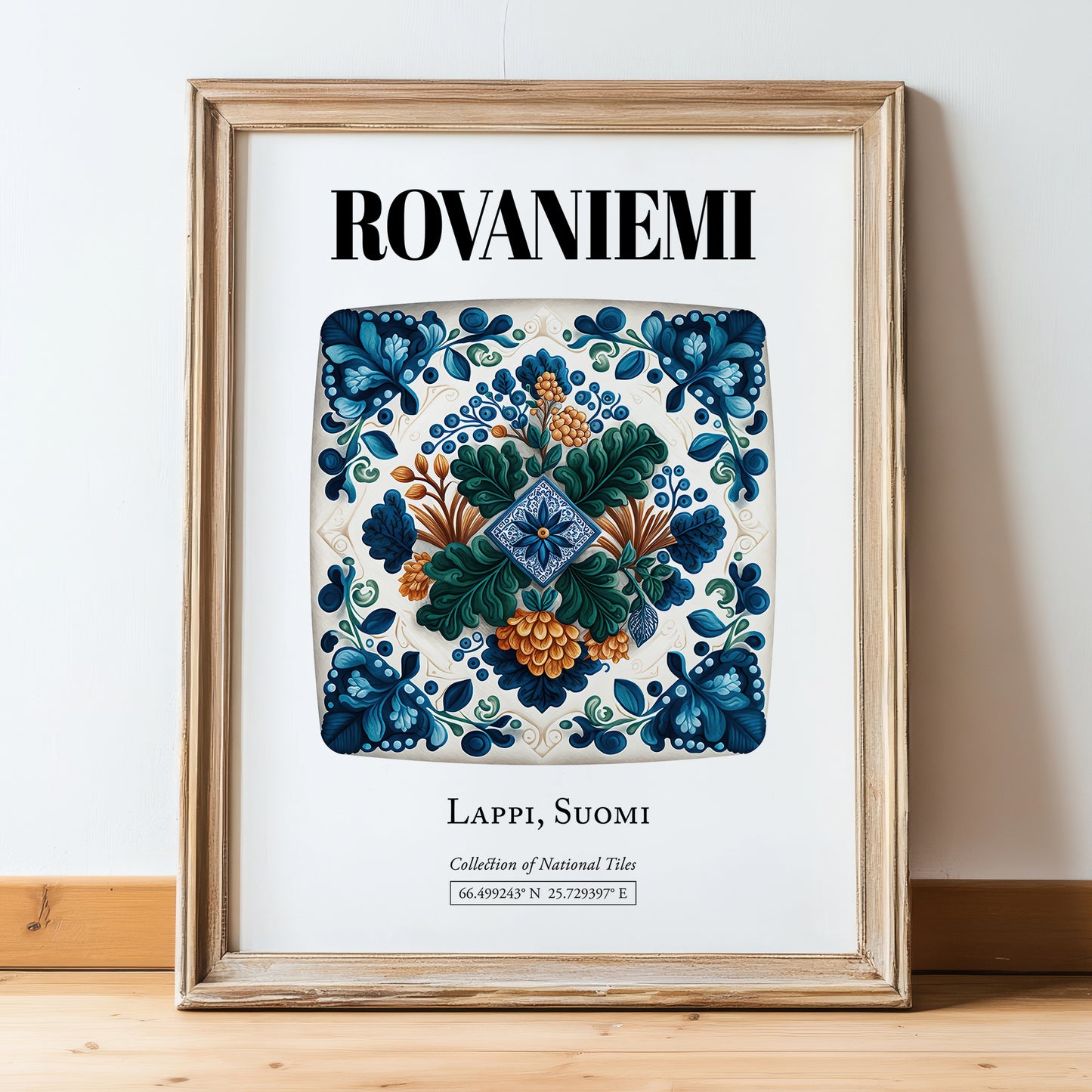 Rovaniemi, Finland – World Travel Art, in wooden frame leaning on the floor