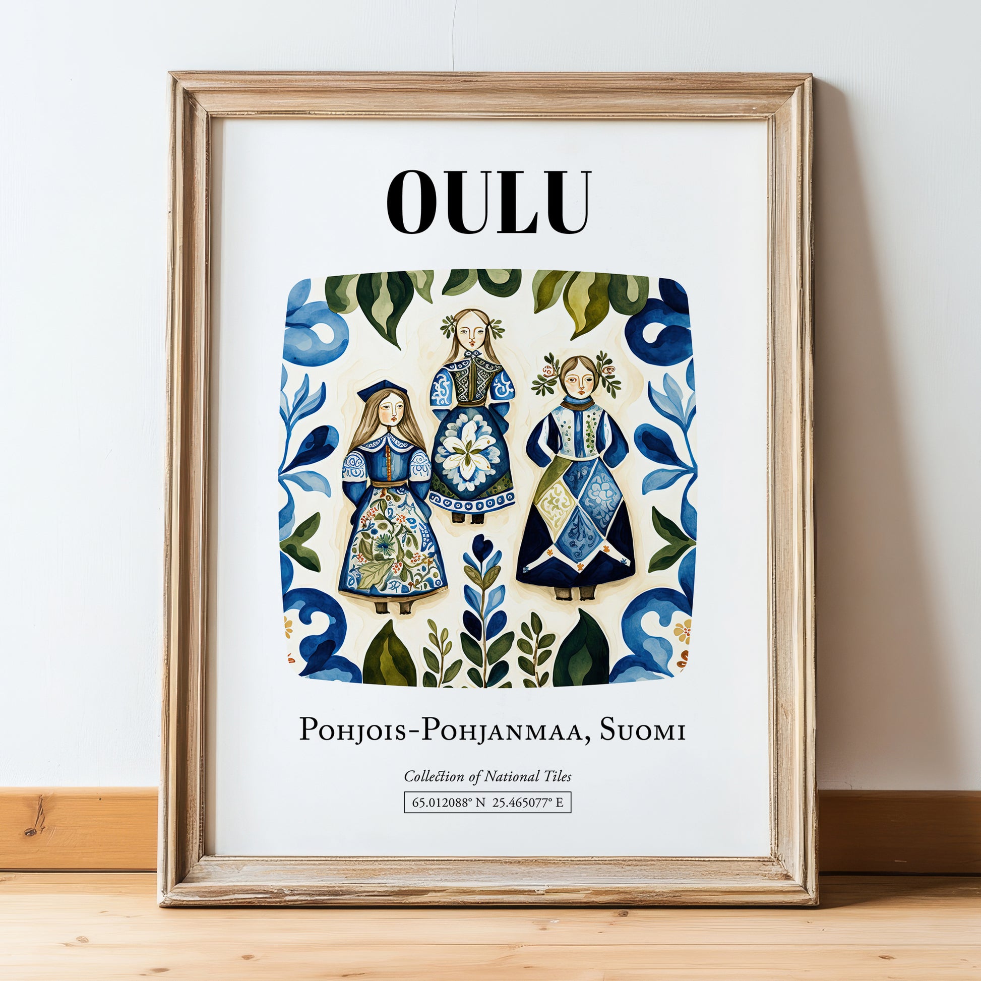 Oulu, Finland – Retro Travel Poster, in wooden frame leaning on the floor