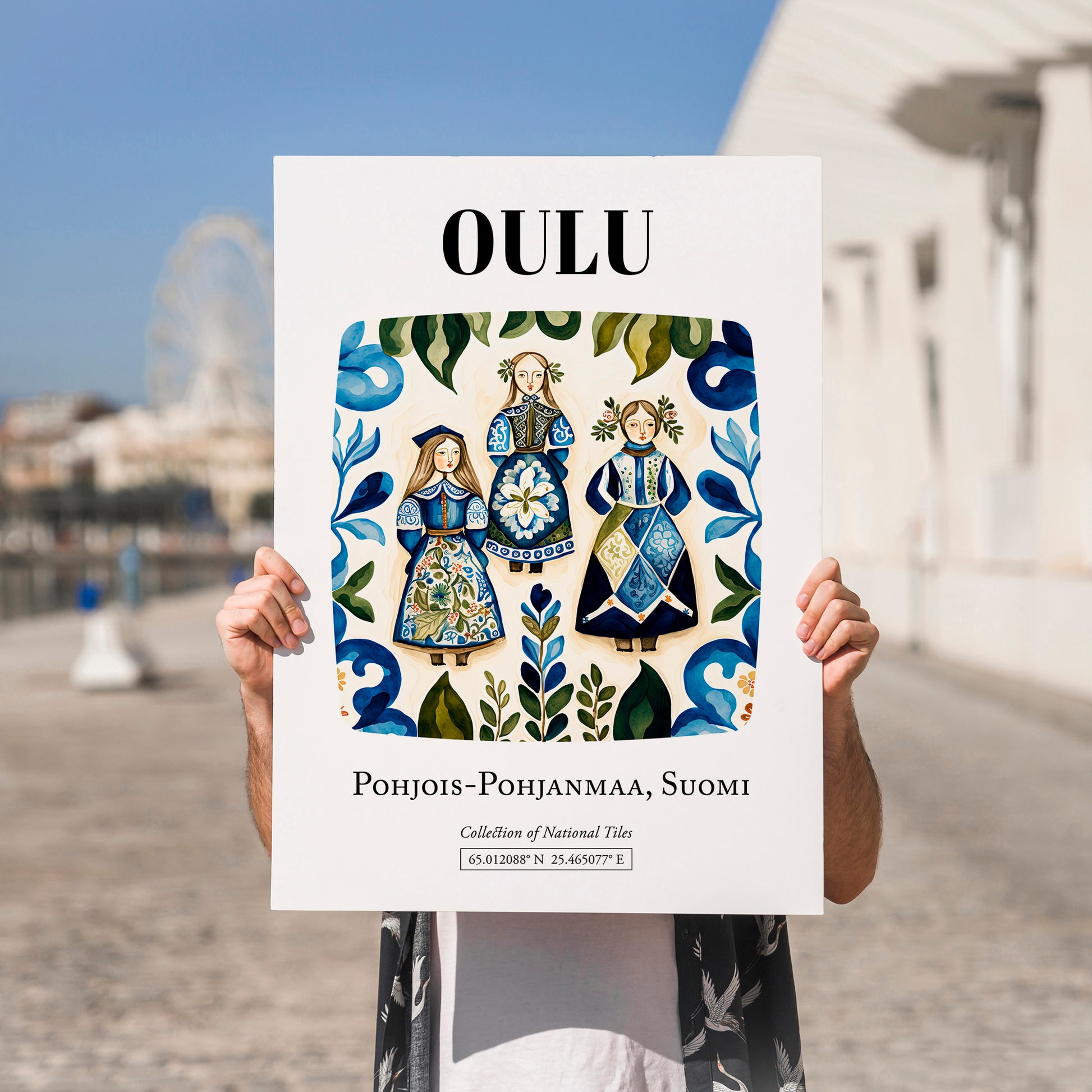 Oulu, Finland – Retro Travel Poster, no-text version framed in wood