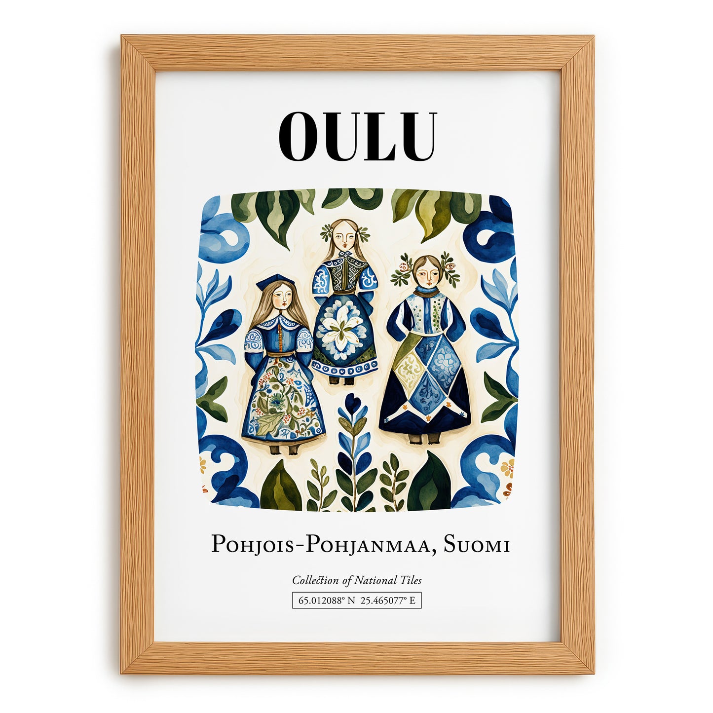 Oulu, Finland – Retro Travel Poster, set in oak frame