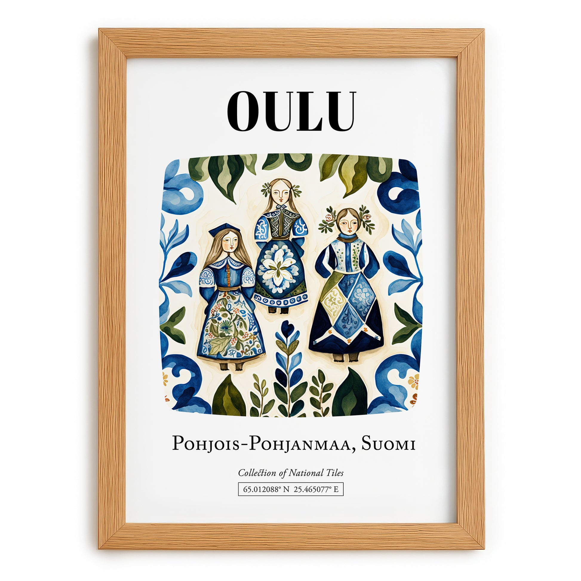 Oulu, Finland – Retro Travel Poster, set in oak frame