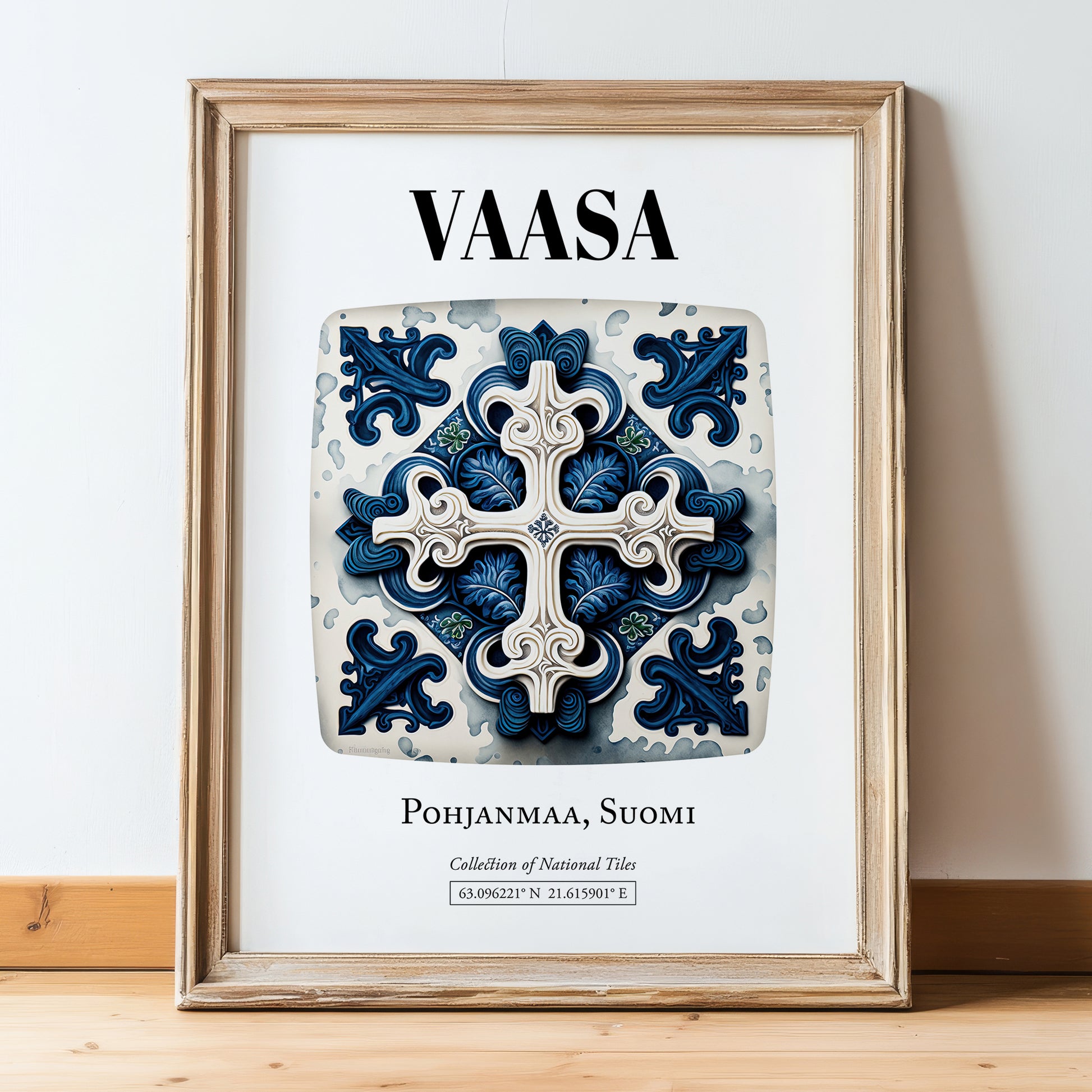 Vaasa, Finland – Travel Wall Art, in wooden frame leaning on the floor