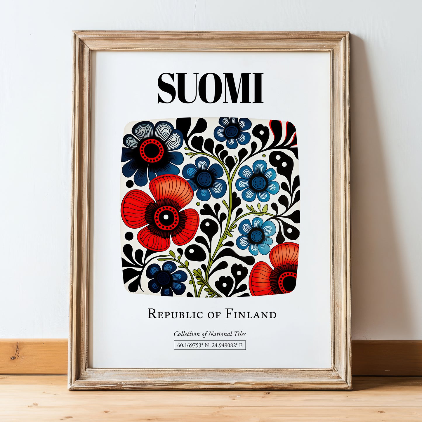 Suomi, Finland – Travel Wall Decor, in wooden frame leaning on the floor