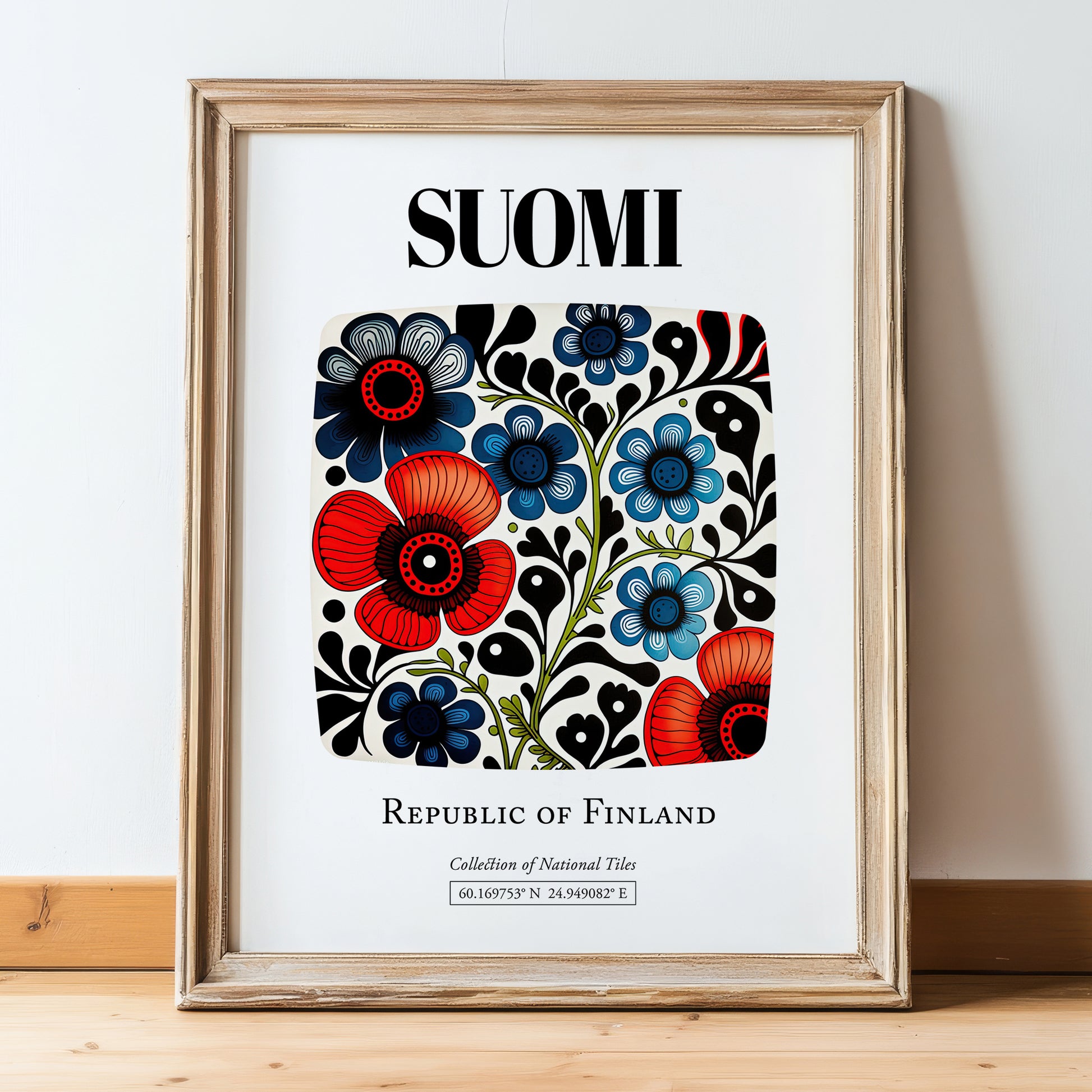 Suomi, Finland – Travel Wall Decor, in wooden frame leaning on the floor