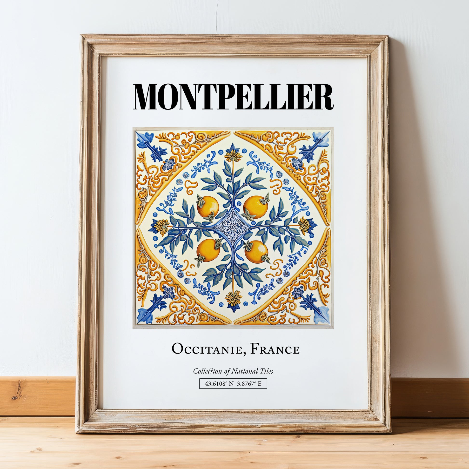 Montpellier, France – Architectural Travel Art, in wooden frame leaning on the floor