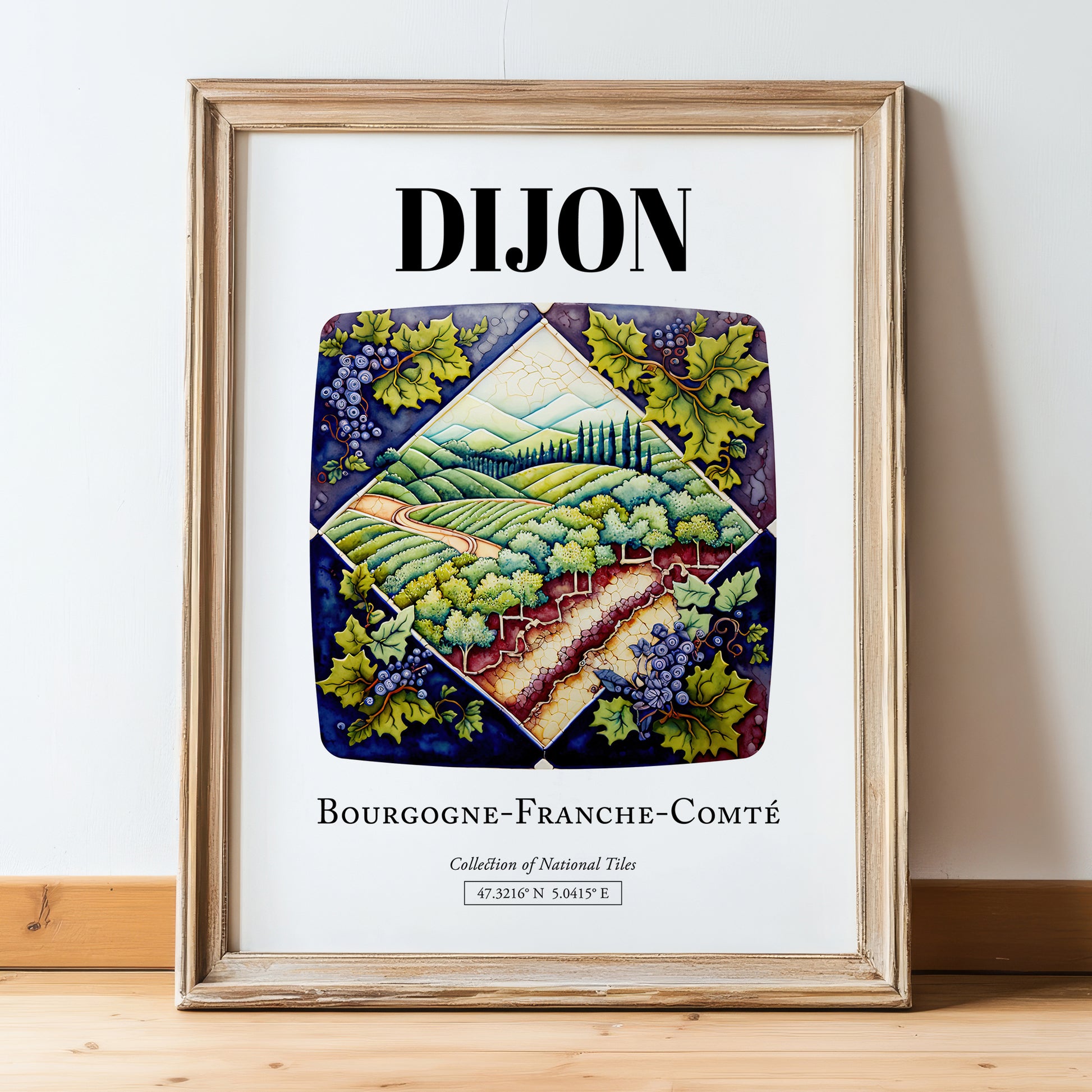 Dijon, France – Travel Poster, in wooden frame leaning on the floor
