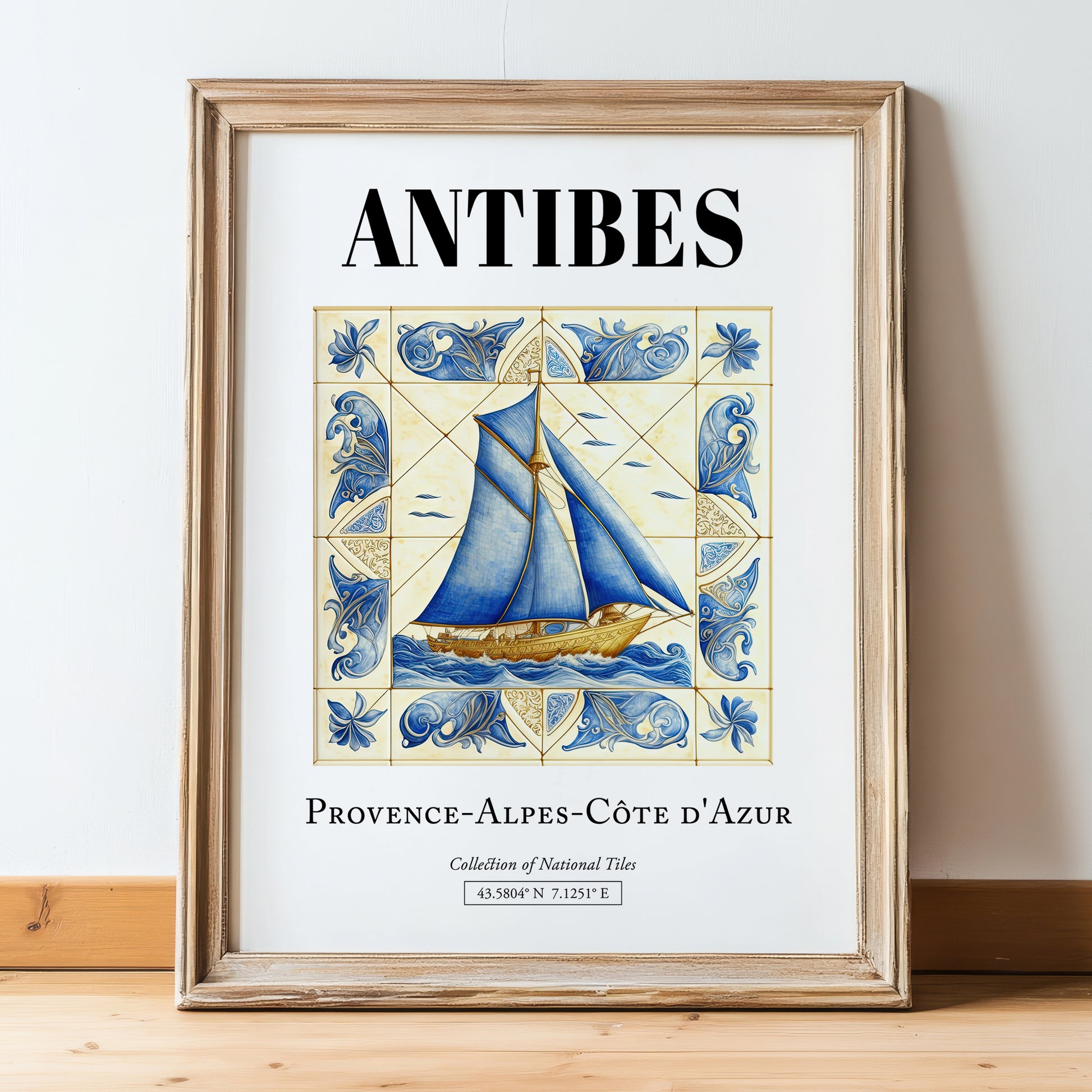 Antibes, France – Travel Wall Art, in wooden frame leaning on the floor