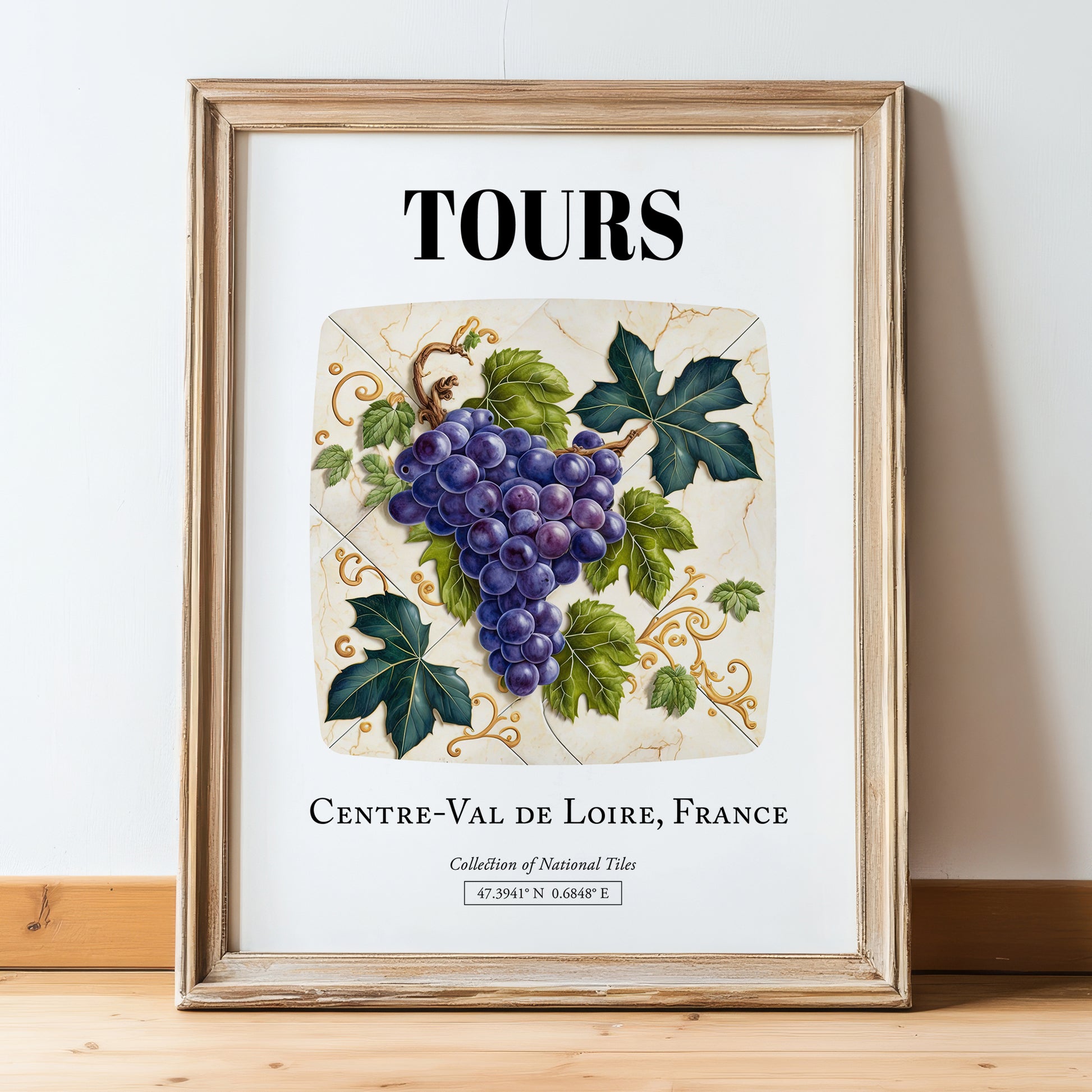 Tours, France – Cityscape Wall Art, in wooden frame leaning on the floor