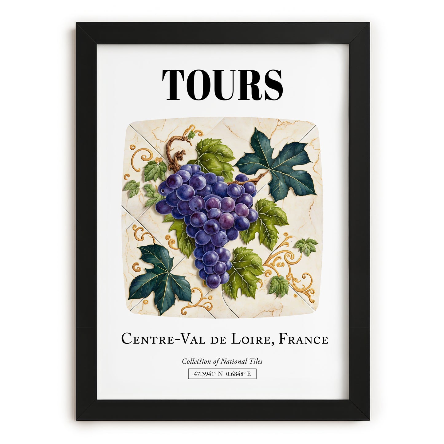 Tours, France – Cityscape Wall Art, in sleek black frame