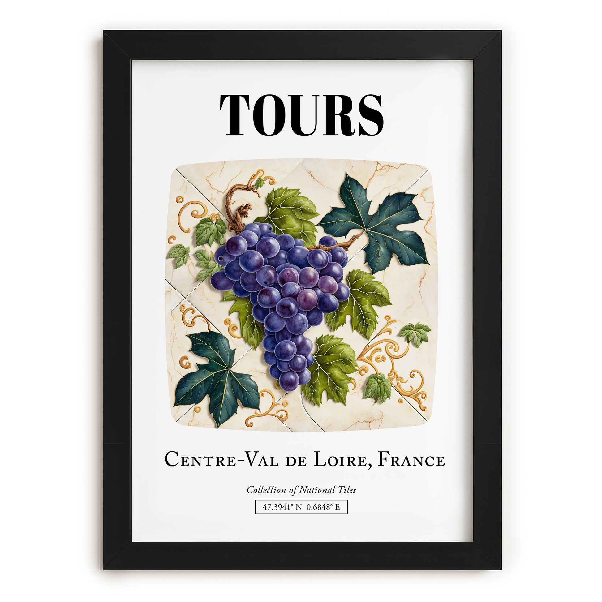 Tours, France – Cityscape Wall Art, in sleek black frame