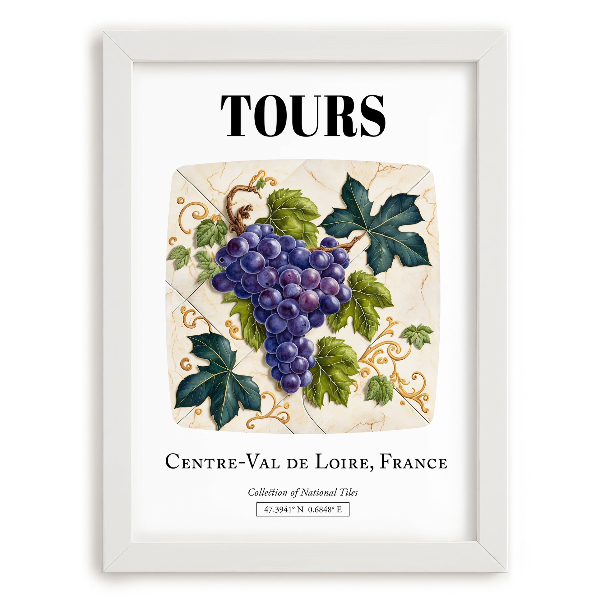 Tours, France – Cityscape Wall Art, placed in minimal white frame
