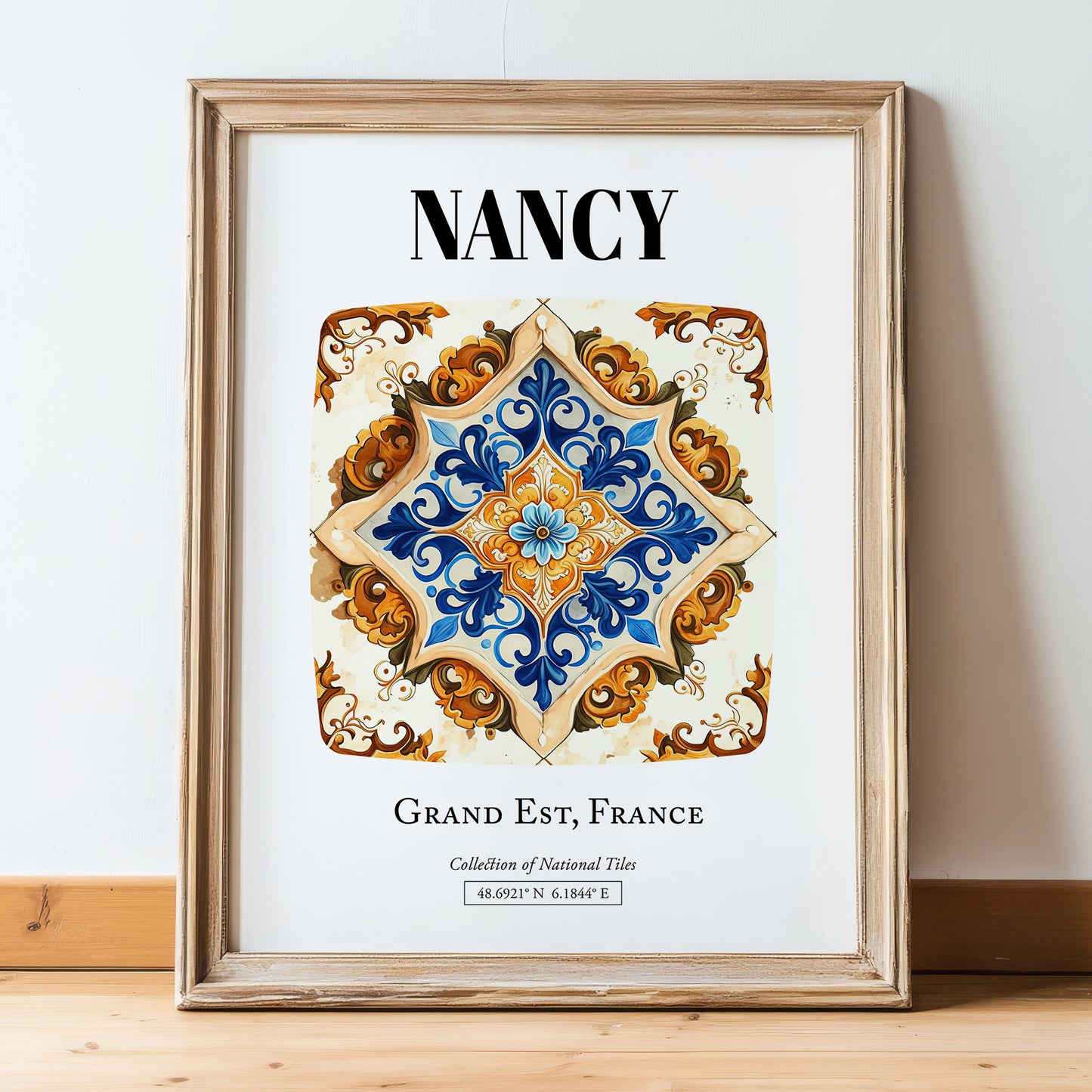 Nancy, France – Travel Poster, in wooden frame leaning on the floor