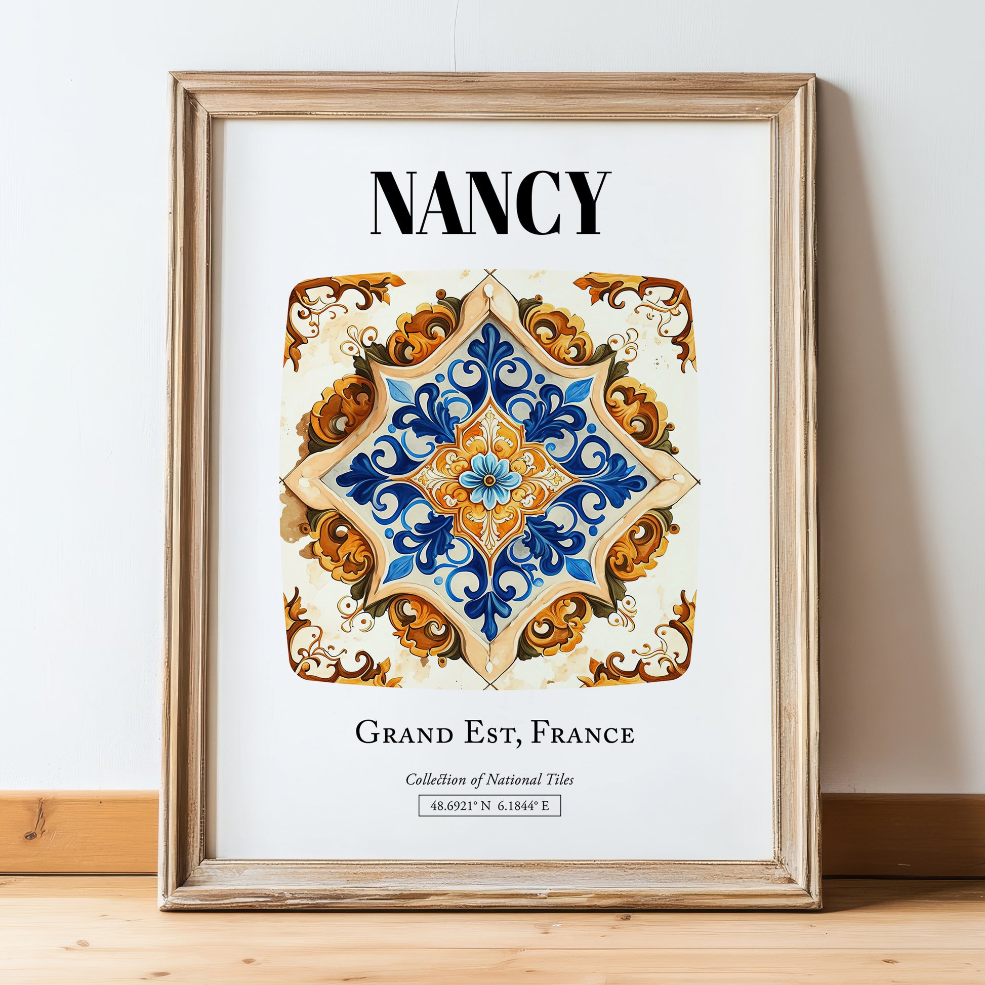 Nancy, France – Travel Poster, in wooden frame leaning on the floor