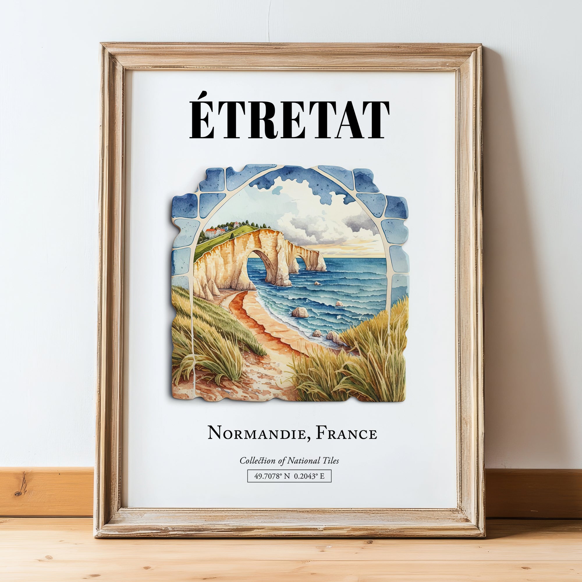 Étretat, France – Minimalist Travel Print, in wooden frame leaning on the floor