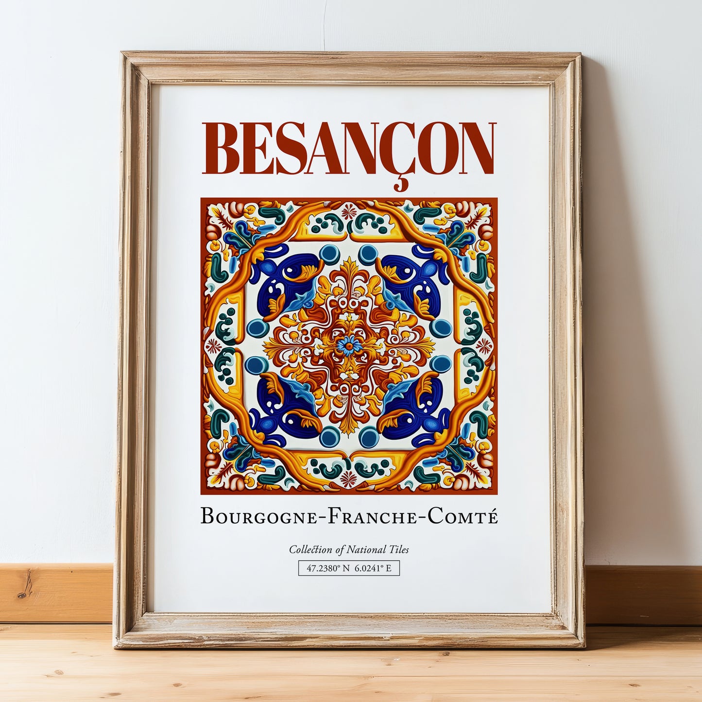 Besançon, France – World Heritage Travel Poster, in wooden frame leaning on the floor