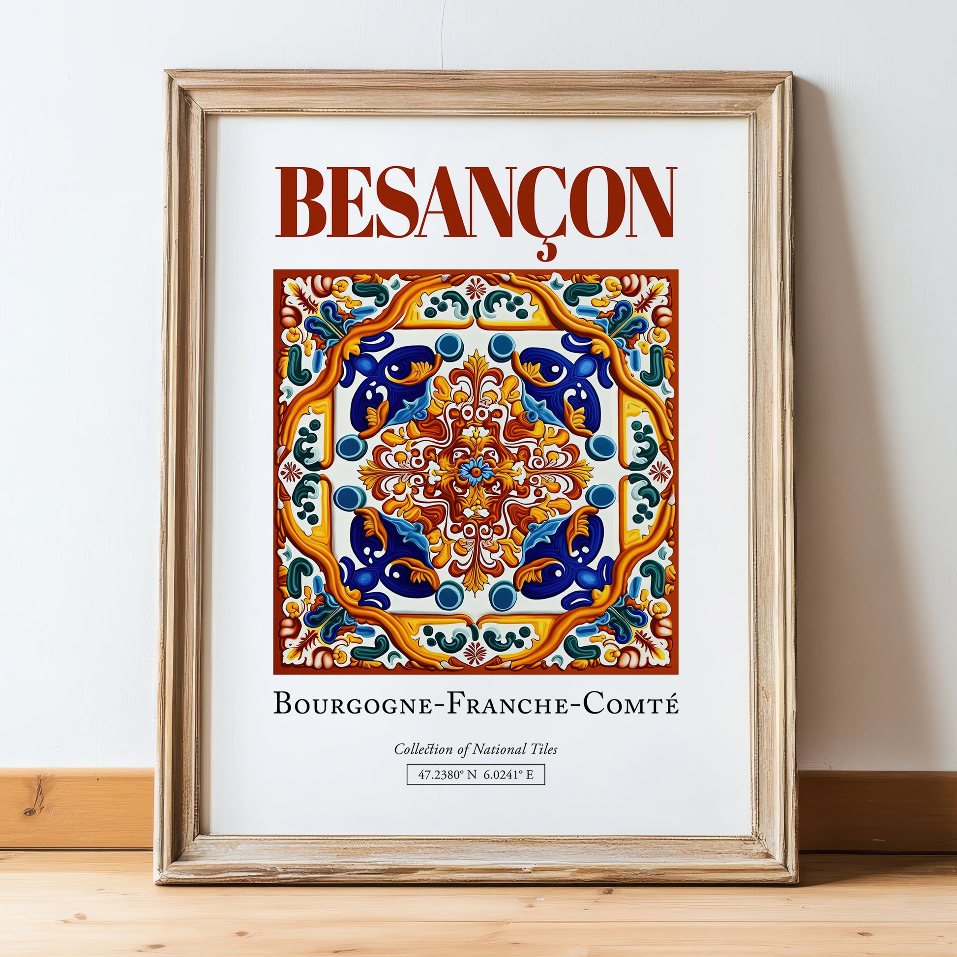 Besançon, France – World Heritage Travel Poster, in wooden frame leaning on the floor