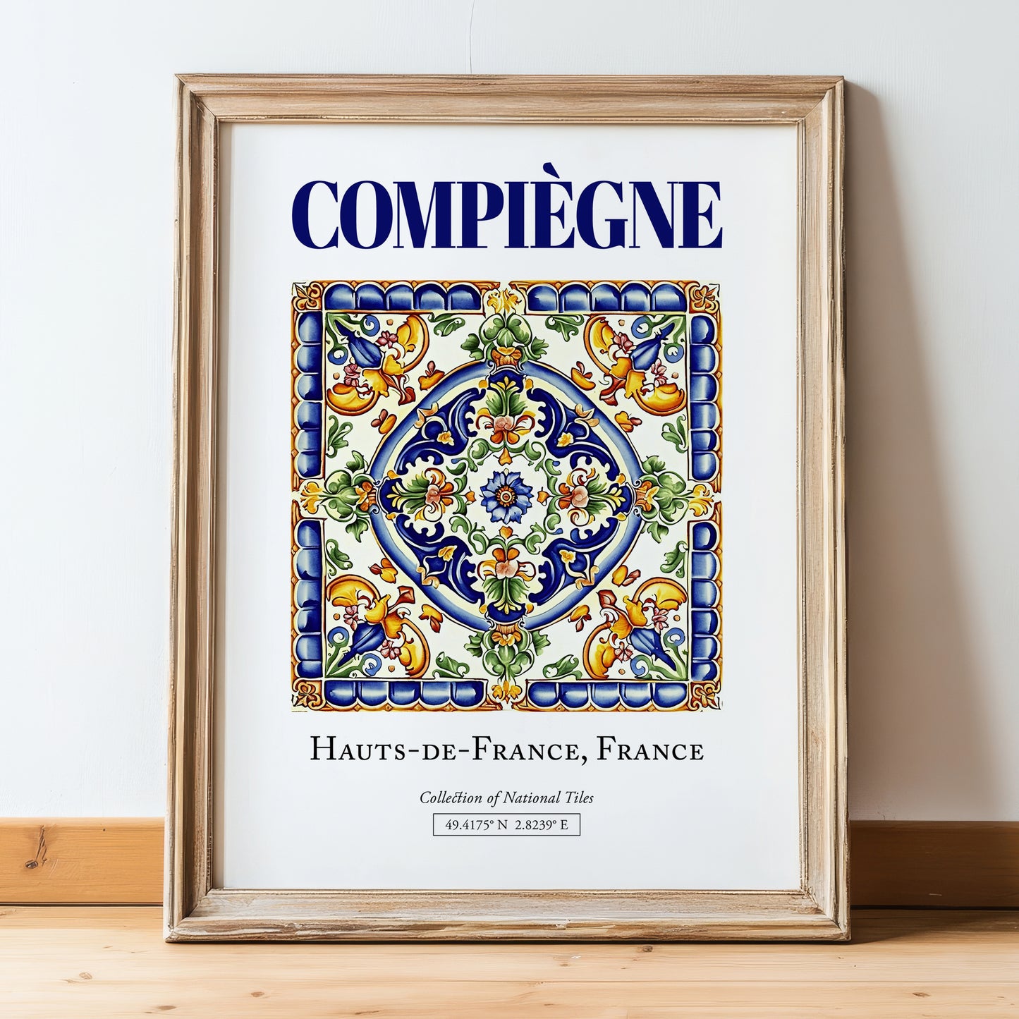 Compiègne, France – Vintage Travel Poster, in wooden frame leaning on the floor
