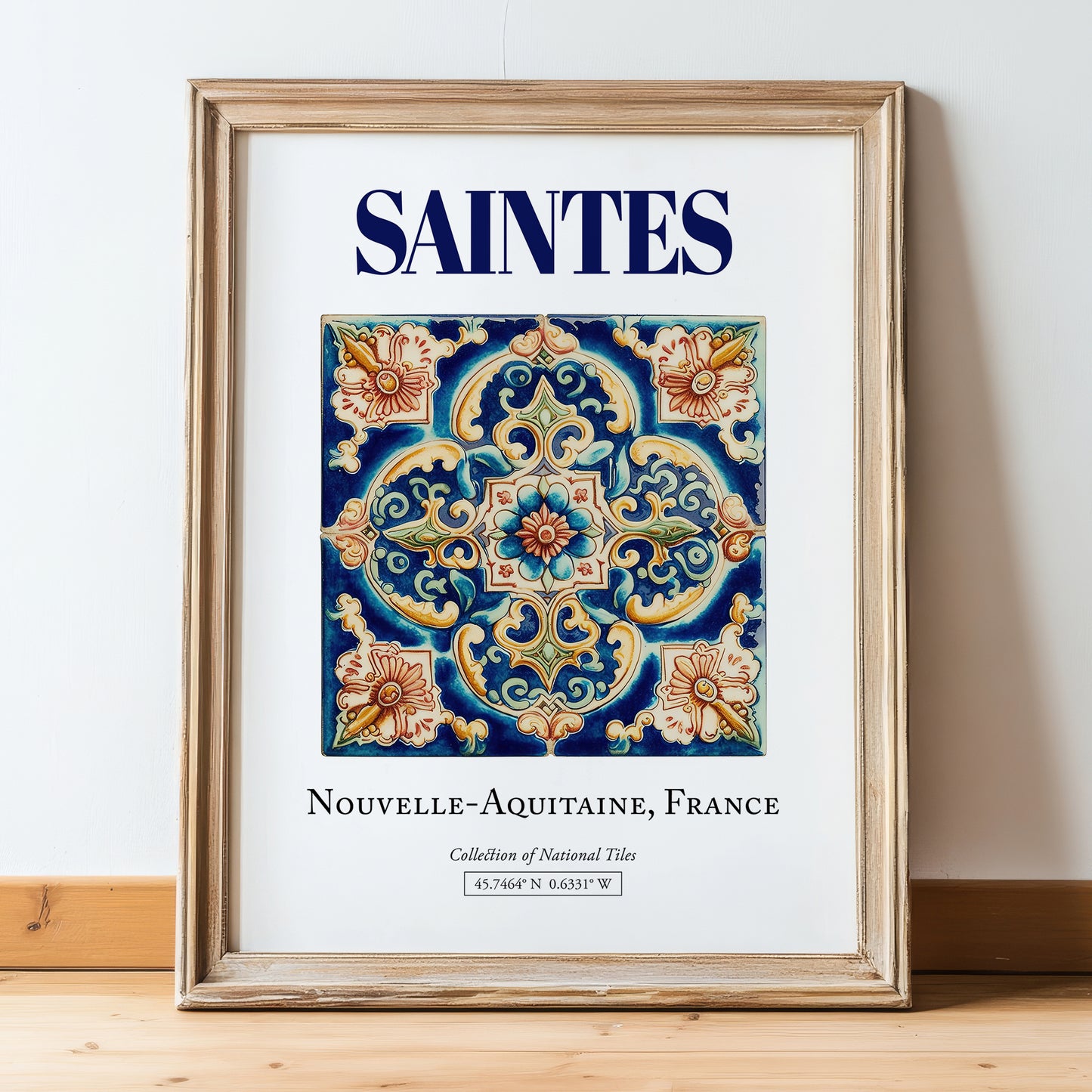 Saintes, France – Travel Poster, in wooden frame leaning on the floor