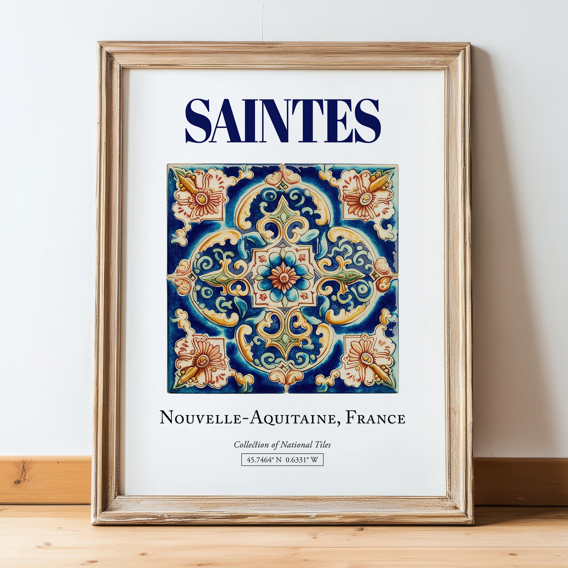 Saintes, France – Travel Poster, in wooden frame leaning on the floor