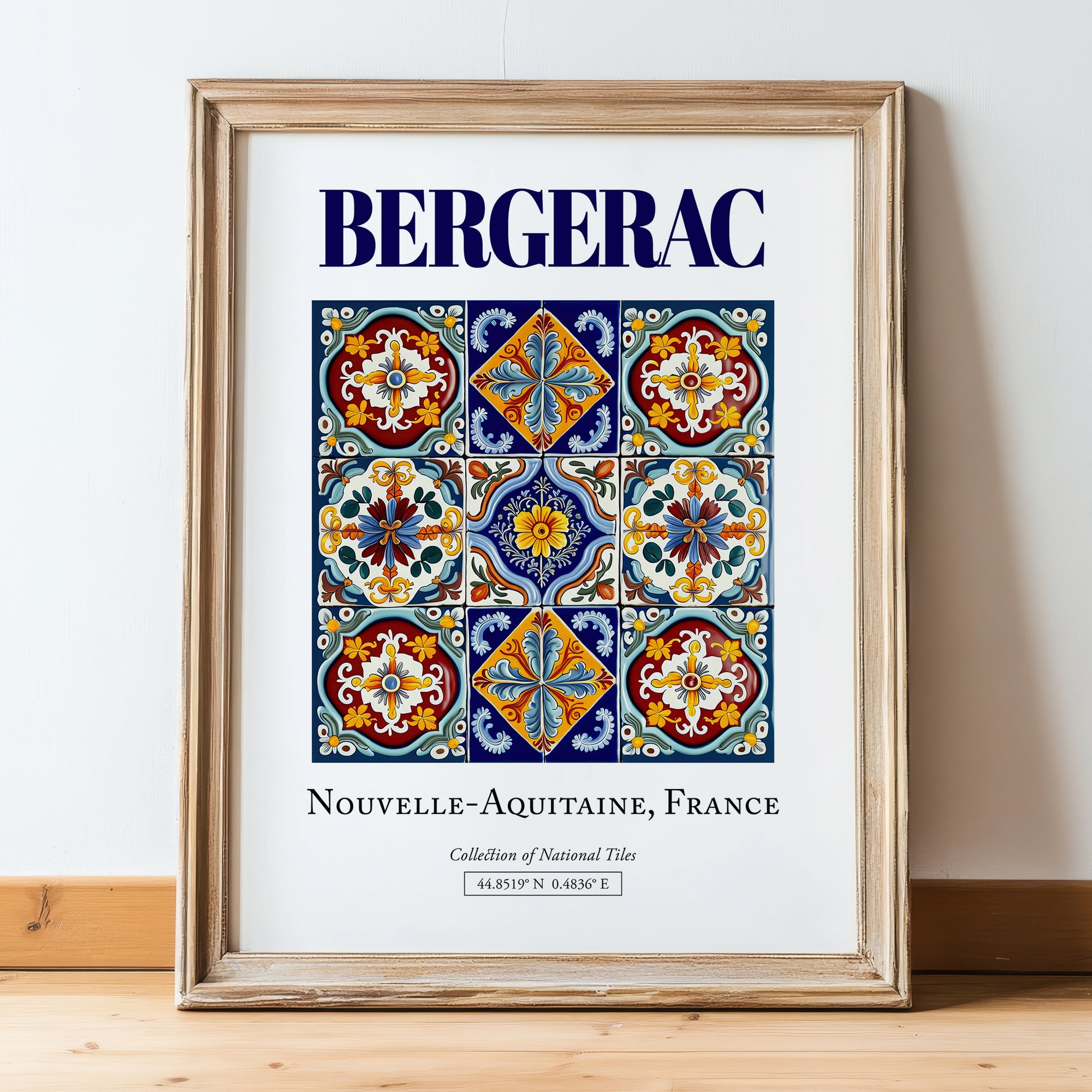 Bergerac, France – Travel Poster, in wooden frame leaning on the floor